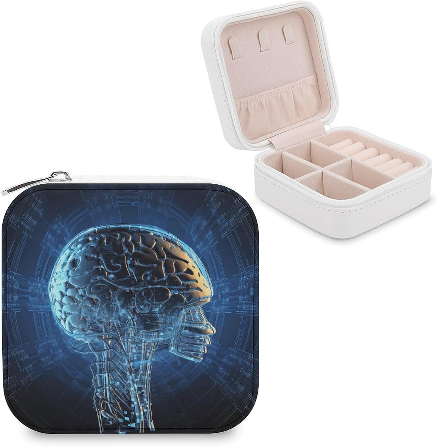 Artificial Intelligence Brain Jewelry Box Small Jewelry Case PU Leather Portable Travel Jewelry Case, Large Capacity for Rings Earrings Necklaces Bracelets Watch