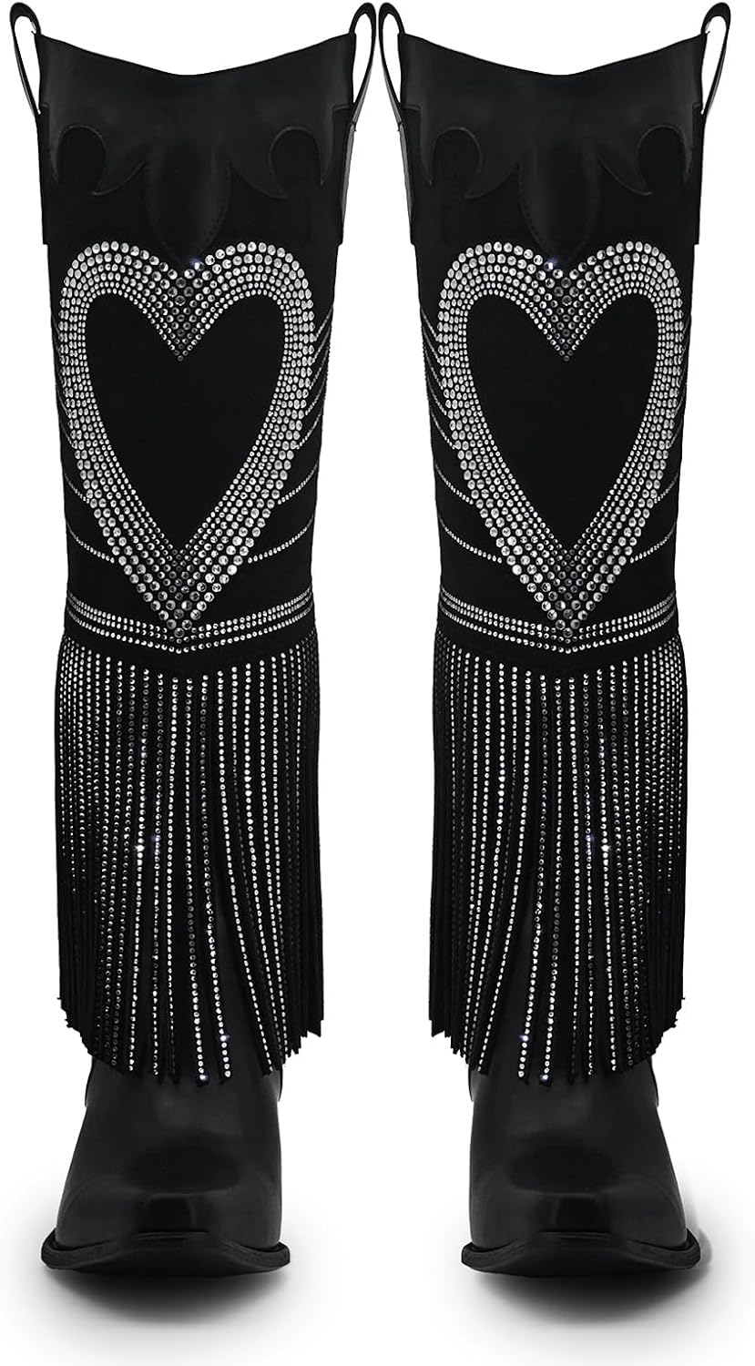 Women's Sparkly Fringe Rhinestone Knee High Cowboy Boots Glitter wide calf Pull On Pointed Toe Low Chunky Tall Cowgirl Boots Fashion bling Sexy Retro Party Wedding Shoes