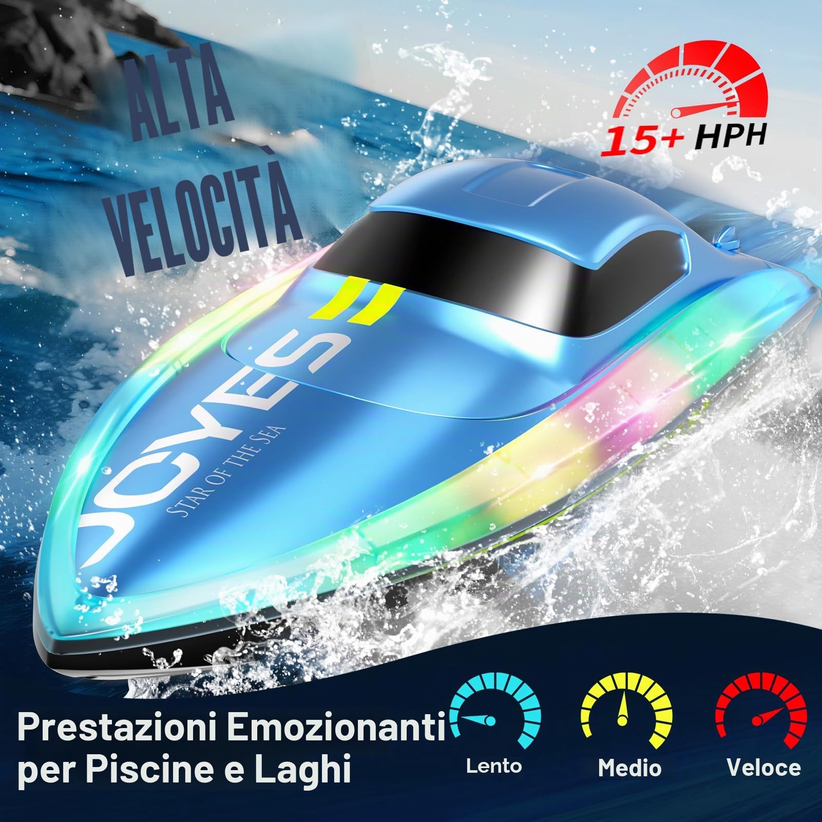 4DRC S7 Barca RC con luce LED, 50+ minuti, auto diritto remoto barca per piscine e laghi, 15+ MPH, 2.4GHz barche da corsa, 2 batterie, giocattoli da piscina per bambini, moto d'acqua radiocomandata