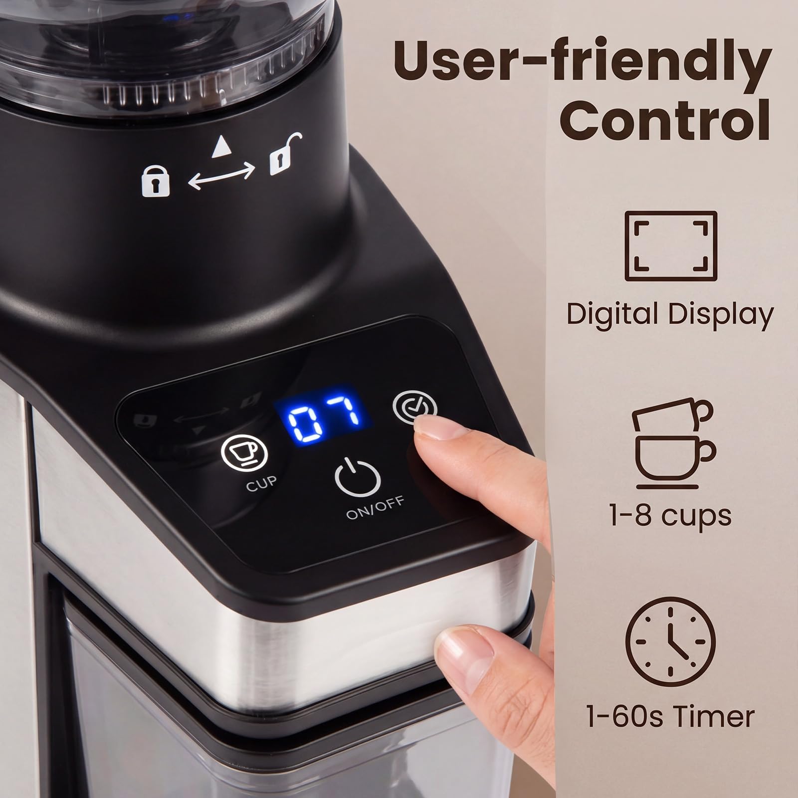 LIFEZEAL Molinillo de café eléctrico con cono, 60 niveles, 1-8 tazas, molinillo eléctrico de 150 W con tolva de 250 g, antiestático, silencioso, para expreso, goteo y prensa francesa, para casa y