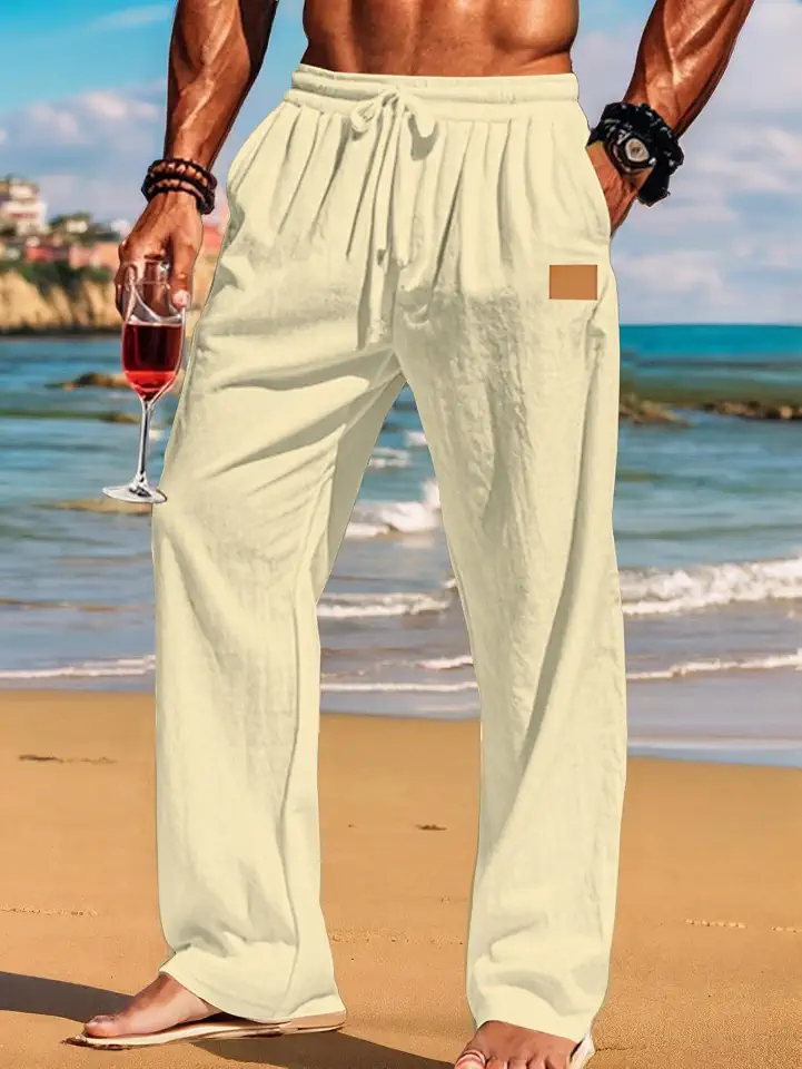 Mens Casual Pants Lightweight Straight Leg Loose Fit Elastic Waist Drawstring Summer Trousers