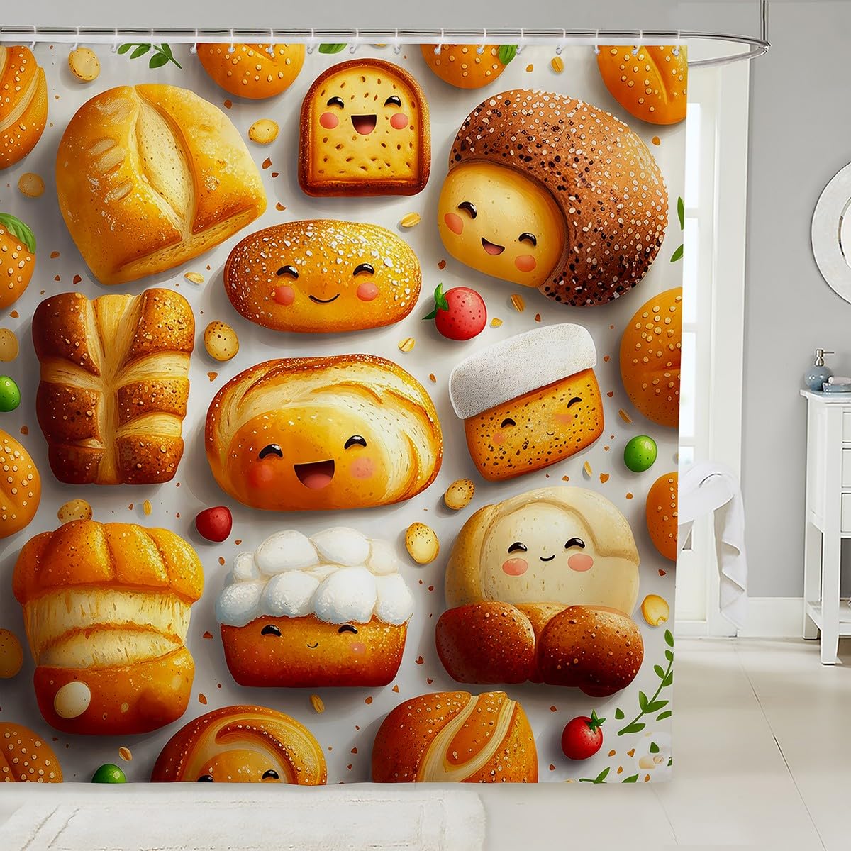 Bread Shower Curtain,Food Baking and Cooking Theme Waterproof Curtain for Kids Girls Teens Woman Room Decor,Cute Bread Cake Bathroom Curtain Soft