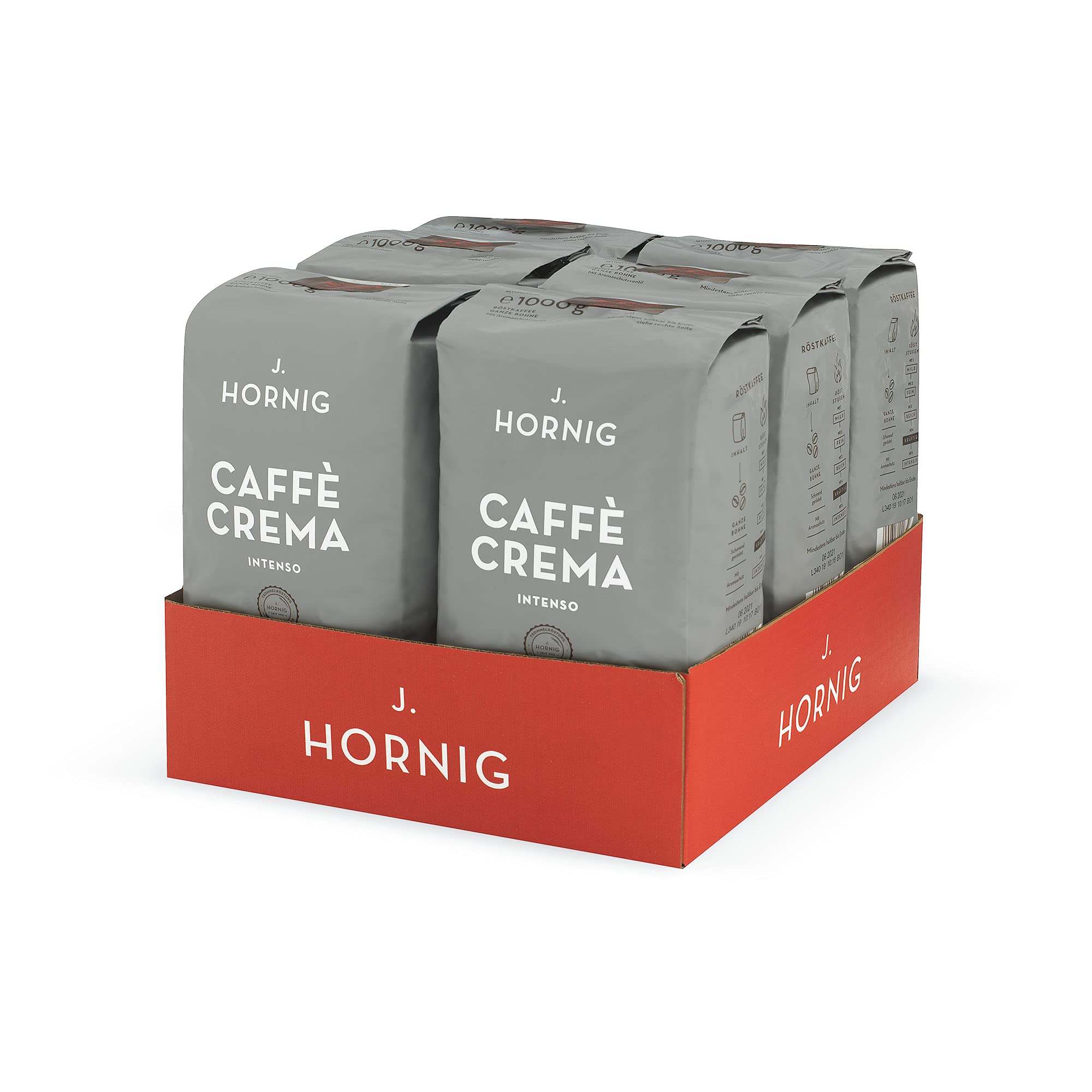J. Hornig Kaffeebohnen Espresso, Caffè Crema Intenso, 6x1kg Vorratspackung, Arabica & Robusta, kräftiger & säurearmer Kaffee mit Noten von Bitterschokolade & Karamell, Stärke 5/5