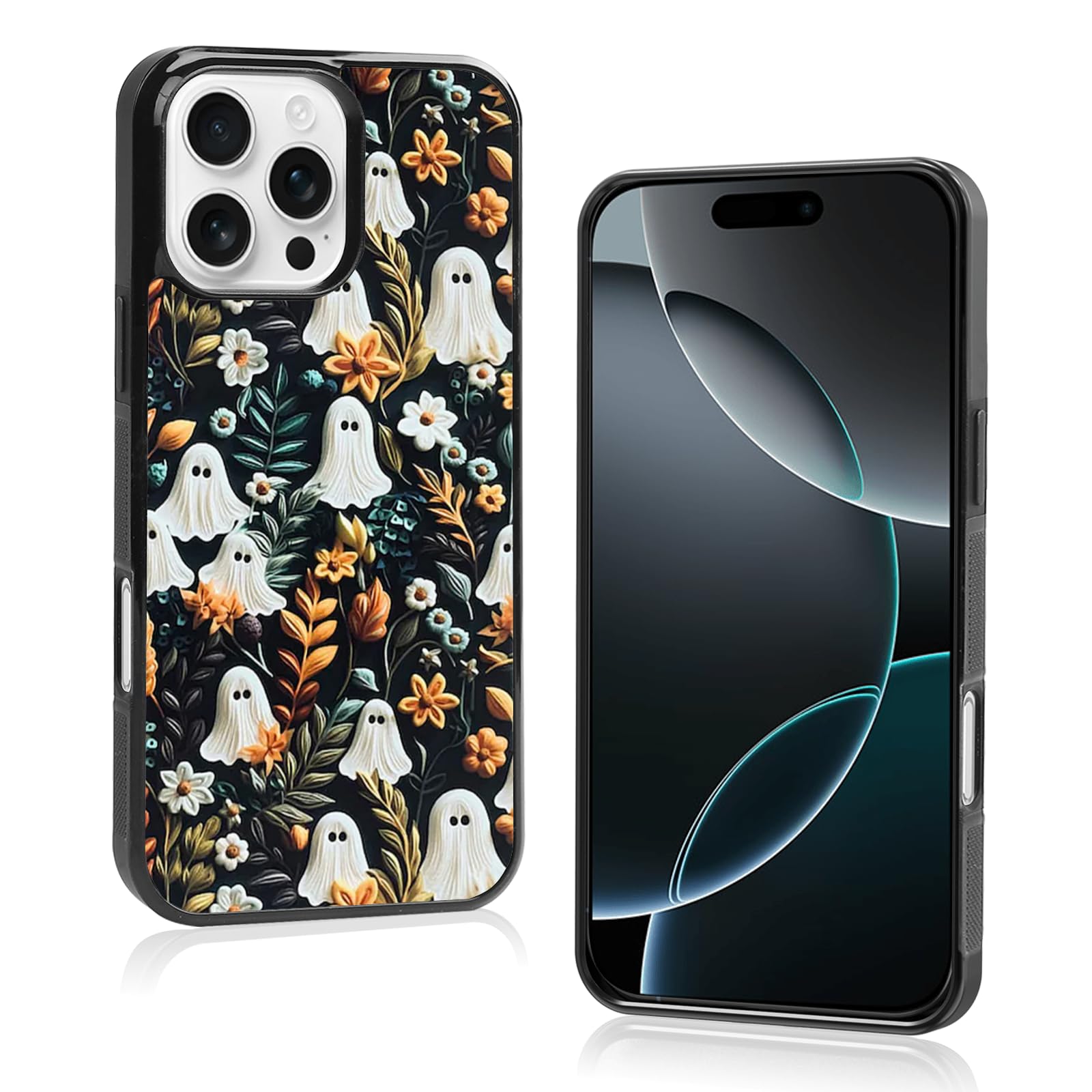 Cute Small Spooky Halloween Ghost Phone Case, Flower Ghost iPhone 16 Pro Max Case, Non-Slip Pattern Design, Soft Silica Gel Frame Support Phone Case
