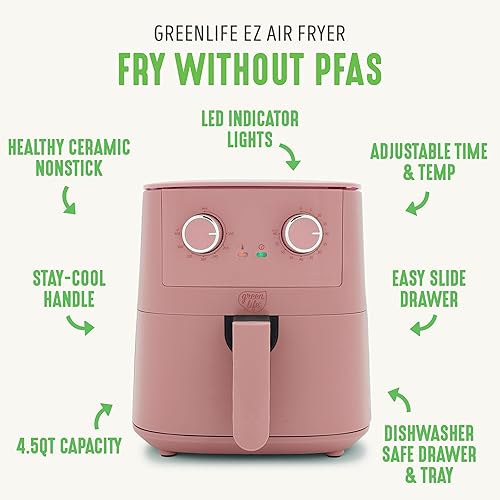 Miniatura 3 de GreenLife Freidora de aire de 4.5 cuartos de galón, controles de dial mecánico, cajón antiadherente de cerámica libre de PFAS, temperatura y