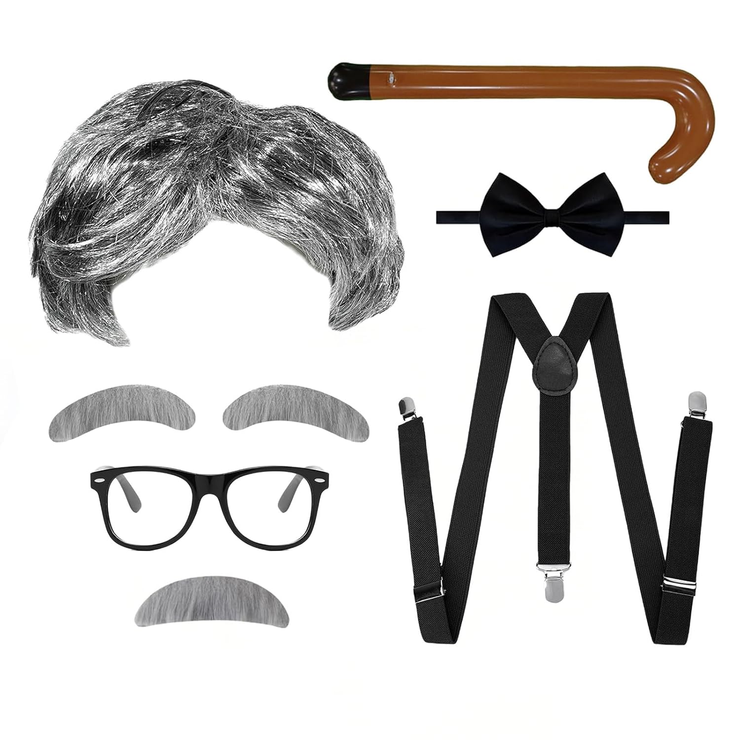 7 Pcs Old Man Costume Set, Old Man Wig Inflatable Cane Glasses Bow Tie Suspenders Mustache Set for Themed Parties Performance Accessories