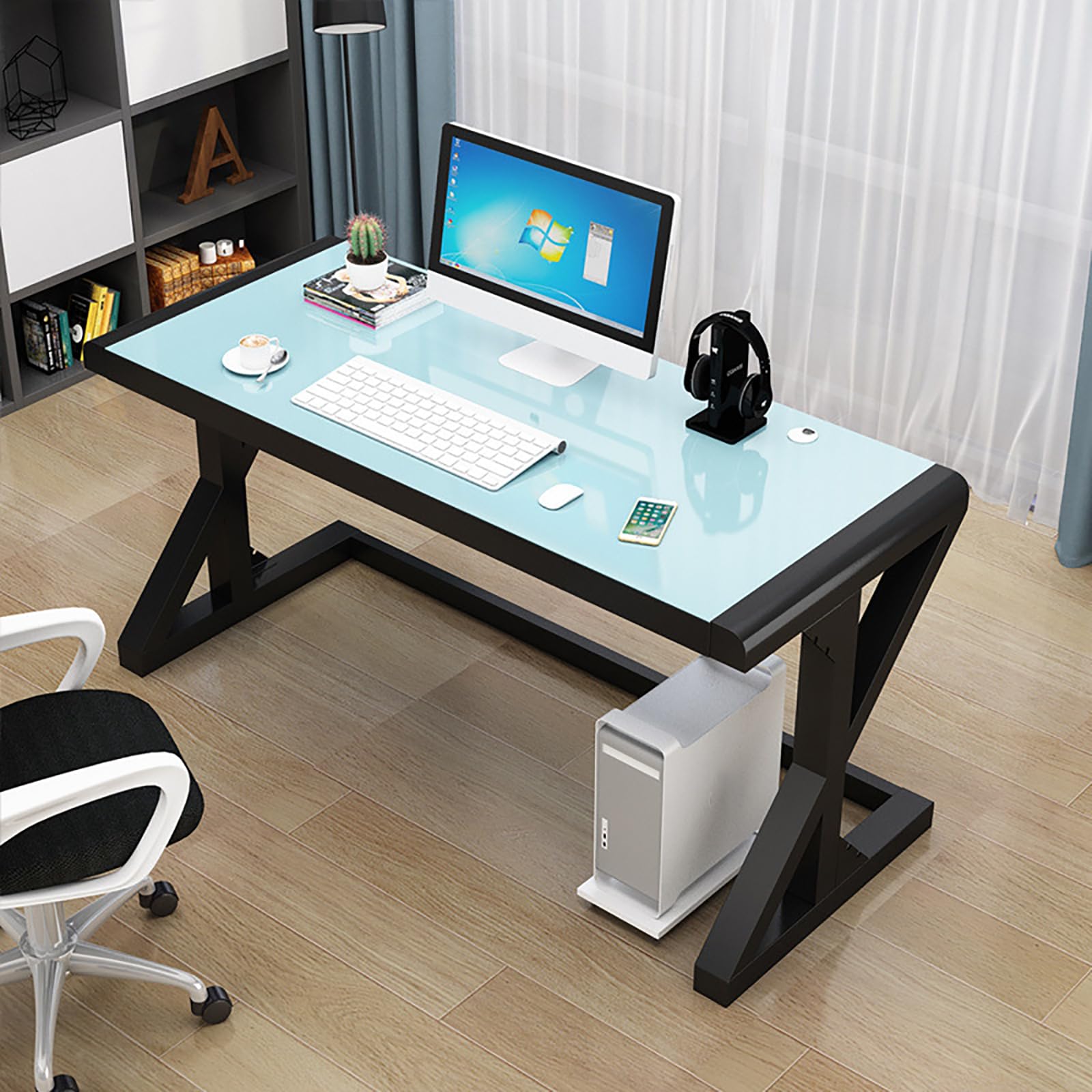 Biurko komputerowe ze szkła hartowanego, duże biurko do nauki z nogami w kształcie litery X, biurko do gier, komputer, laptop, stół do nauki, stacja robocza do biura w
