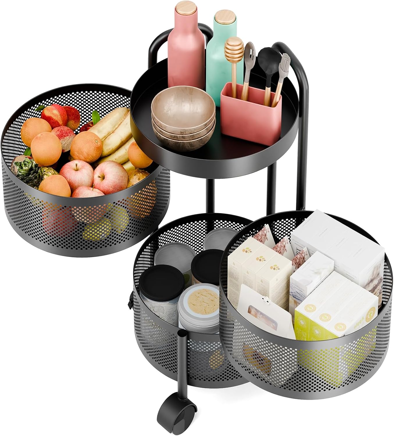 Rotating Trolley Kitchen Trolley, Rotating Kitchen Storage Shelves, Kitchen Vegetable Storage Organizer Kitchen Storage Cart with Wheels Fruit Basket Floor Stand Shelf Fruit Tower 3 Layer