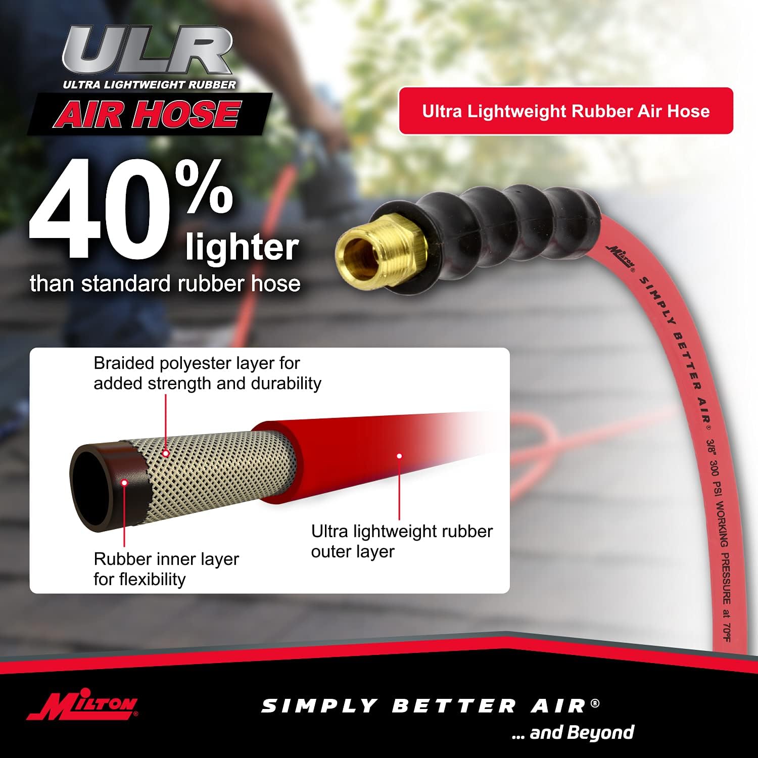 Milton ULR385038: 3/8" X 50' Ultra Lightweight Rubber Hose (W/ 3/8" Npt Ends)