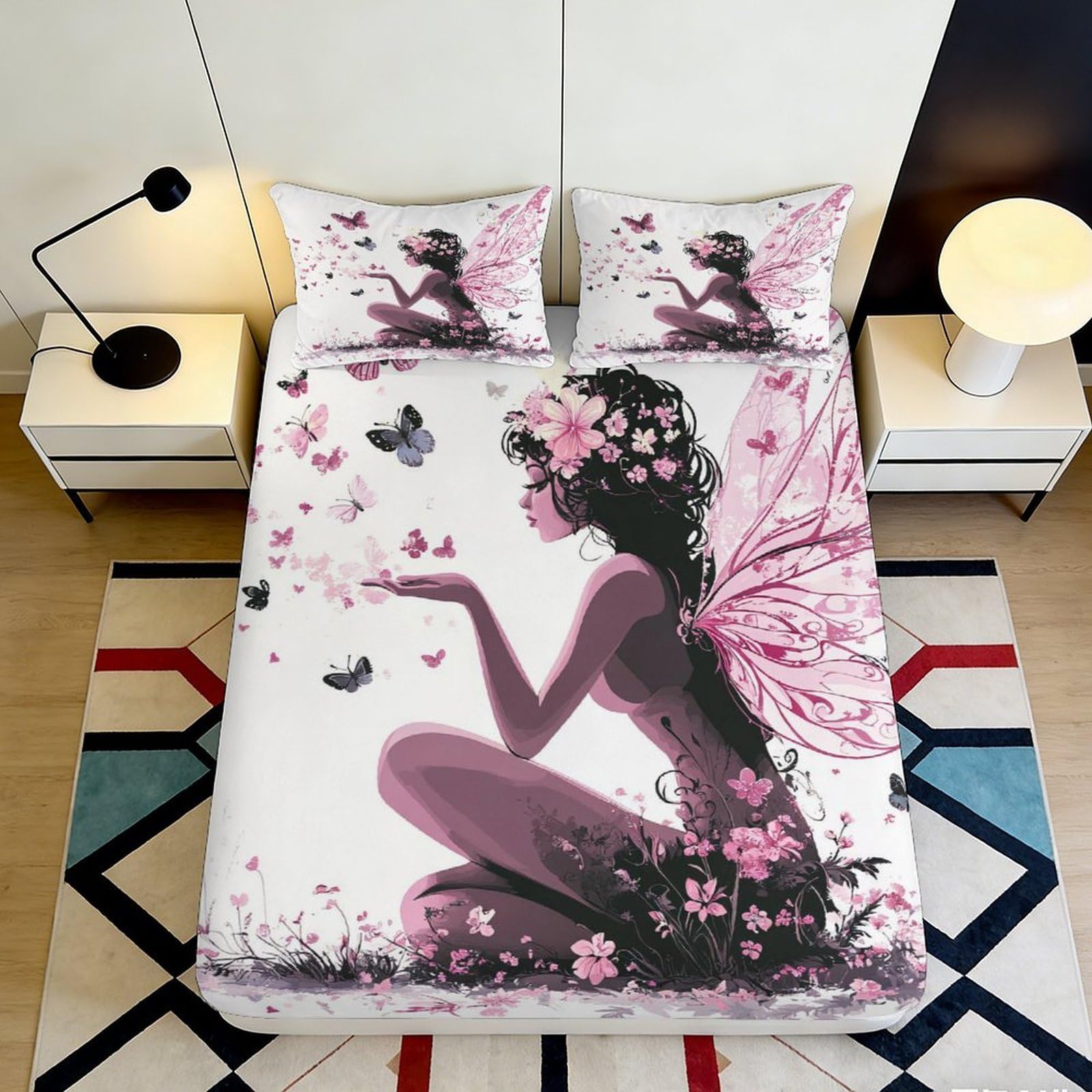 3D Printed Pink Fairy Butterfly Fitted Sheet Microfiber Bedroom Decor Mattress Cover for Home Guest Room Washable 90x200x25cm