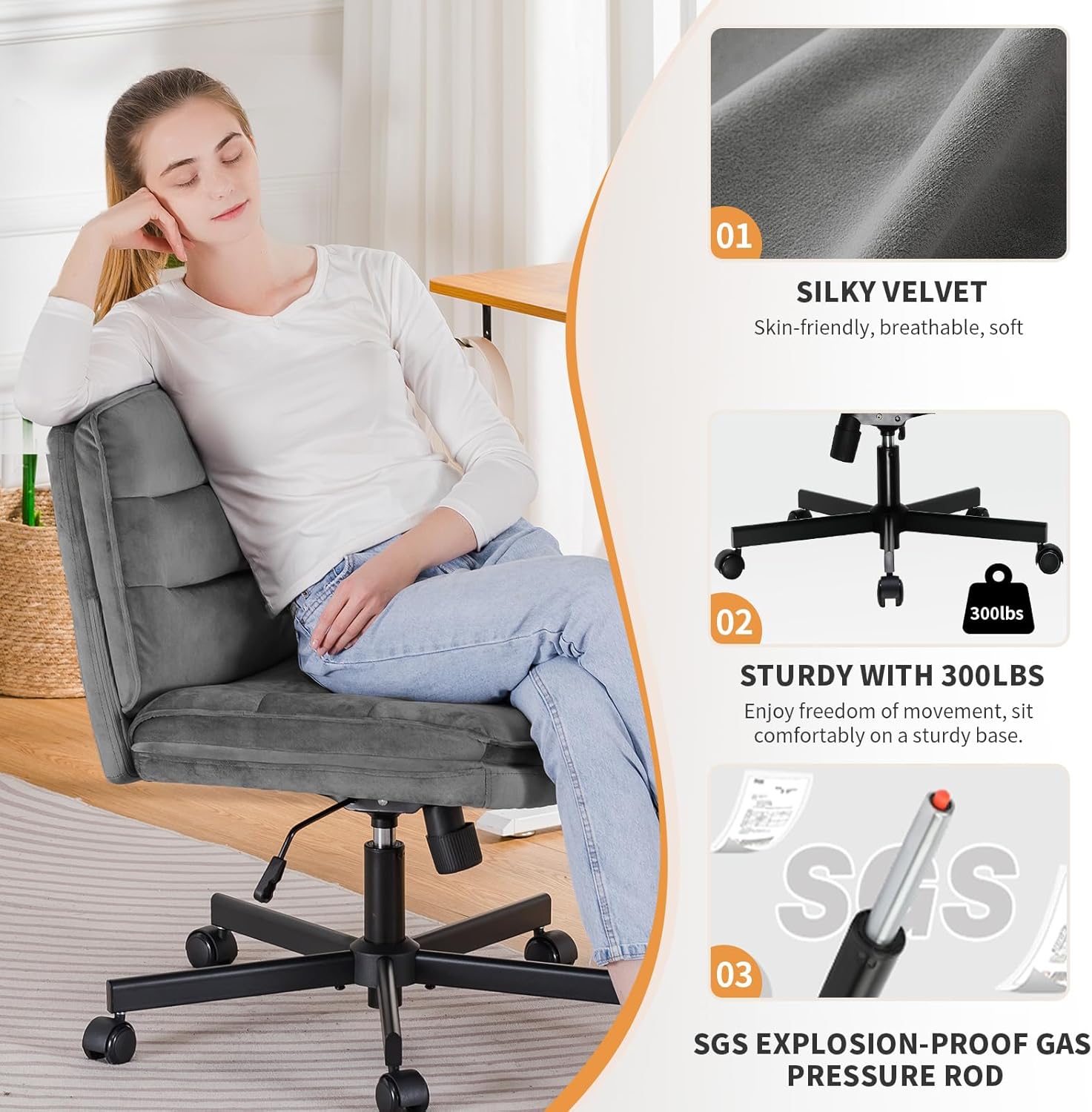 COMHOMA Criss Cross Office Chair with Wheels Armless Desk Chair Comfy, Modern Vanity Chair for Home Bedroom, Comfortable Wide Seat for Lower Back Pain Relief, Soft Velvet, Gray