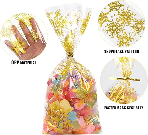 Miniatura 4 de CCINEE 180 bolsas de celofán de Navidad para niños, bolsas de regalo de copo de nieve de Navidad con lazos metálicos para suministros de fiesta,