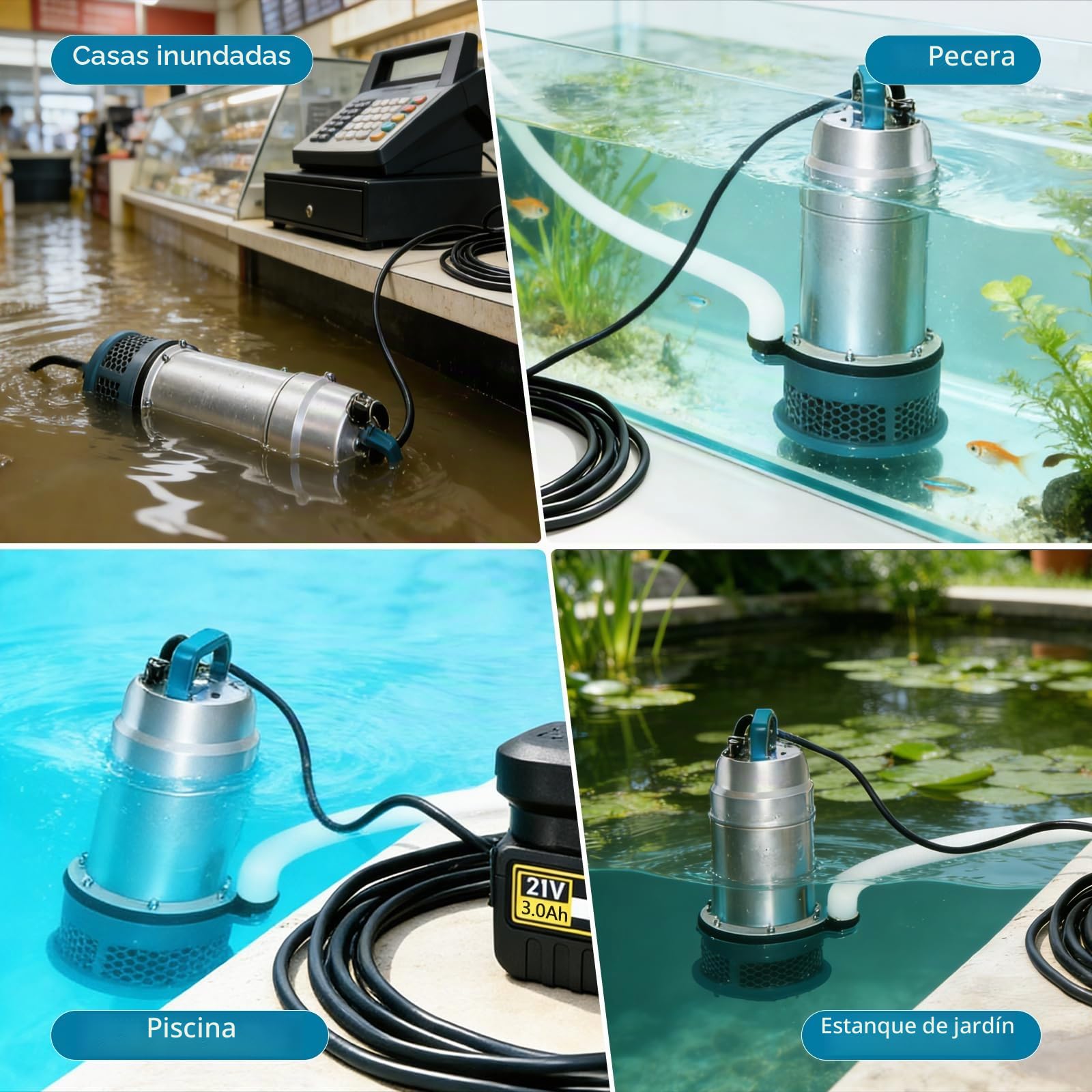Bomba Sumergible, 5000 L/H Bomba de Agua Sumergible a Batería con Manguera de 10m, Cable de Conexión de 5m,Batería de 21V y Cargador, Ideal para Piscina, Cama de Agua, Riego de Jardines