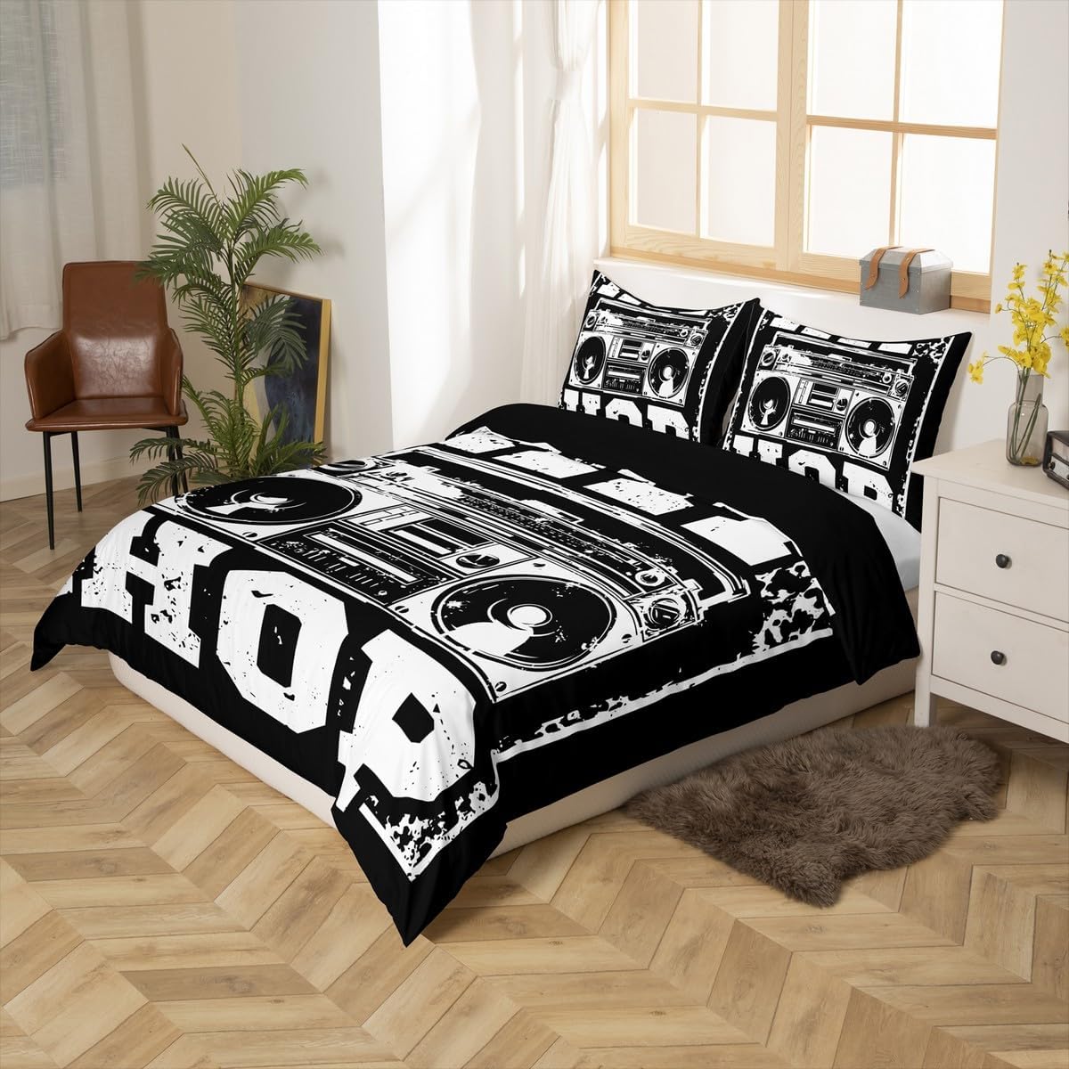 Erosebridal Hip Hop Duvet Cover, Teens Retro Radio Music Comforter Cover, Hipster Rock Bedding Set King Size for Kids Boys Girls, Studio Vintage Style Quilt Cover with 2 Pillow Cases, Black White