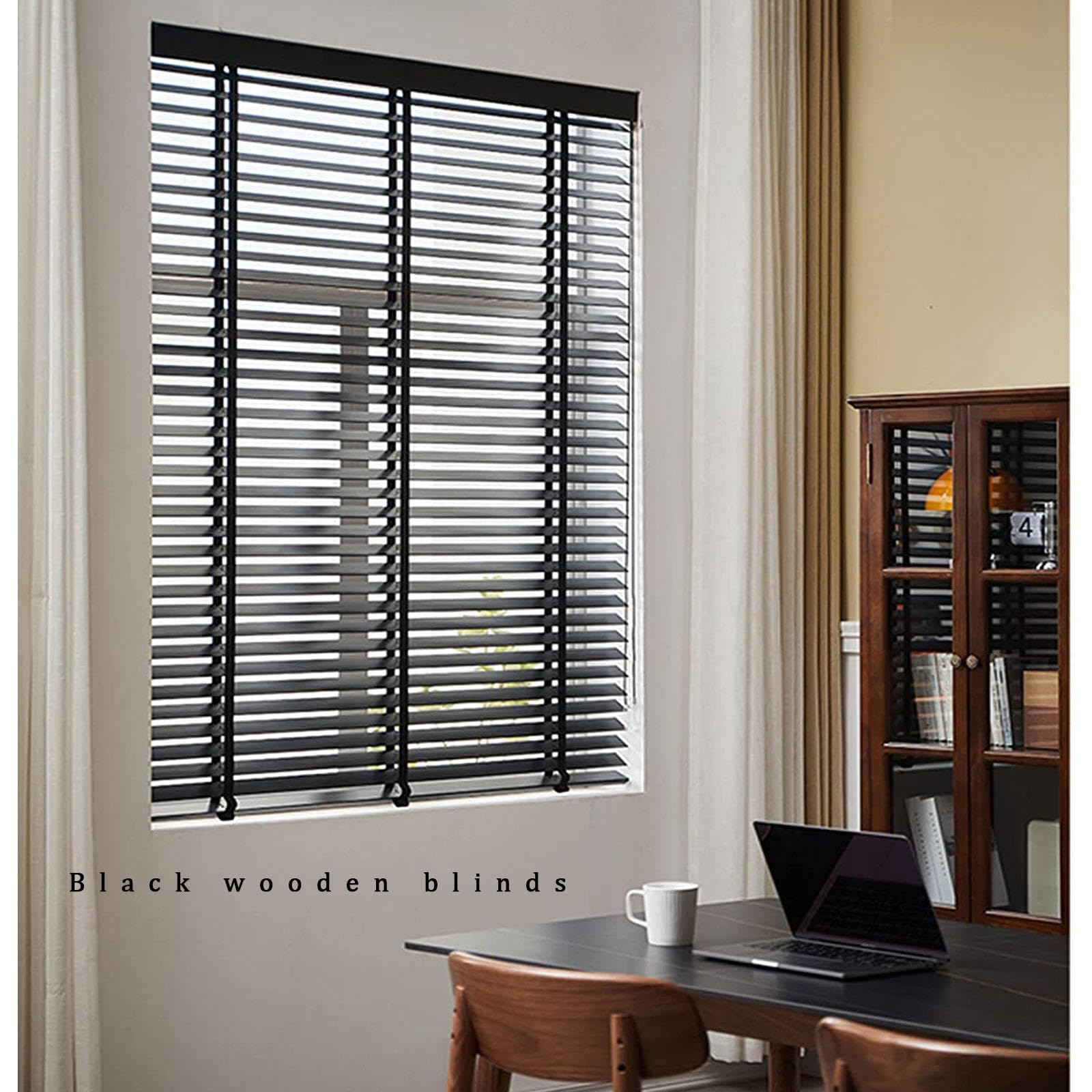 Jalousie Holz Schwarz,Horizontale Jalousetten 50mm Lamellen,Natürliche Massivholz-Jalousien,Rollläden Mit Fensterbehandlung Innen,Anti-UV/Wärmedämmende Vorhänge,168 Größen,WxH-110x240cm(43x94.5in)