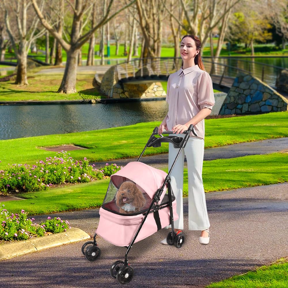 Homewell Passeggino per cani 2 in 1, con 2 portabevande, pieghevole, con freno di stazionamento, passeggino per animali domestici, 50 x 70 x 99 cm (rosa)