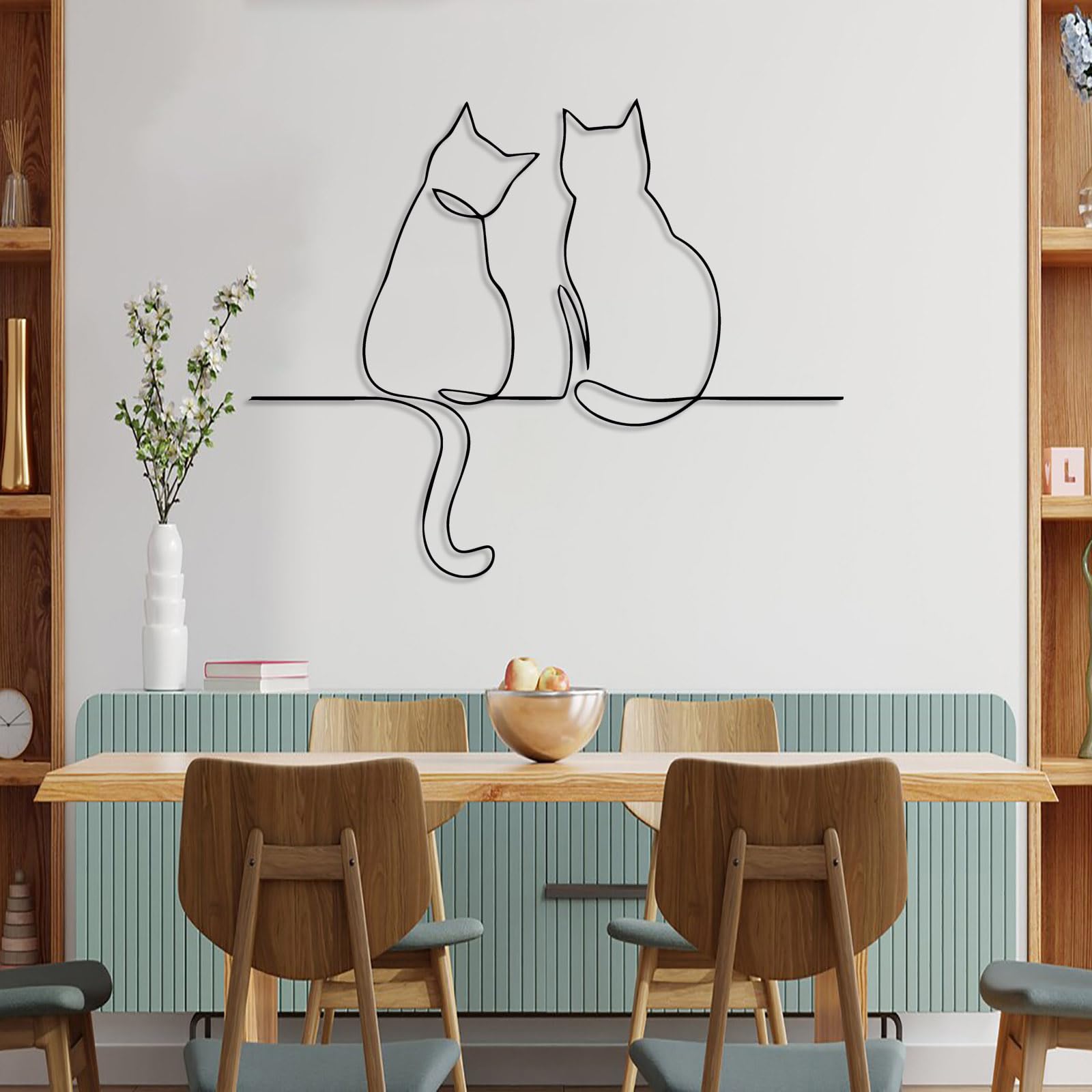 Generico Decoración de pared abstracta contemporánea de Metal con Dos Gatos, Arte para Gatos, Arte Minimalista de líneas, Regalo para enamorados, adornos colgantes, hogar (61 x 76 cm, Negro)