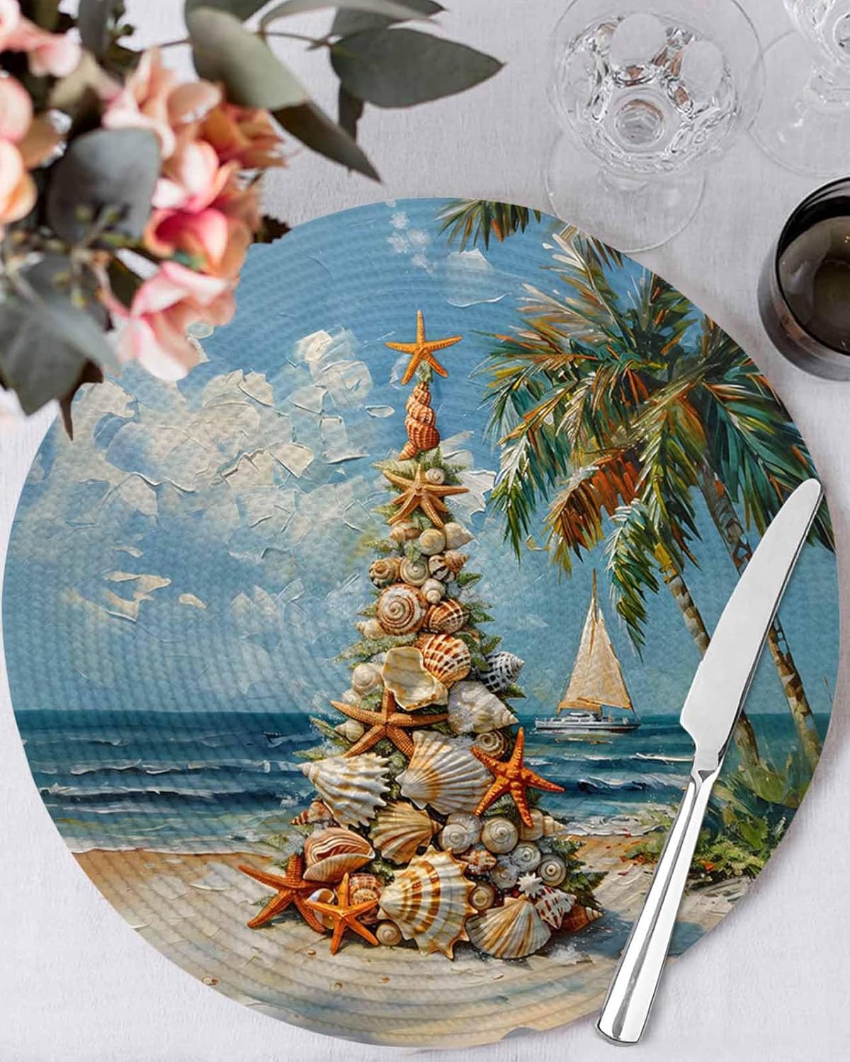 Christmas Round Placemats Set of 8 Seashell Starfish Beach Xmas Tree Place Mats Woven Placemat Palm Tree Boat Circle Braided Table Mat for Kitchen Dining Table Xmas Holiday Party Decor 15 Inch