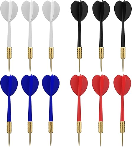 Accudart Juego de 12 dardos con punta de acero, 4 colores del equipo, blanco, azul, rojo, negro, barriles de acero, multiuso, construcción de una