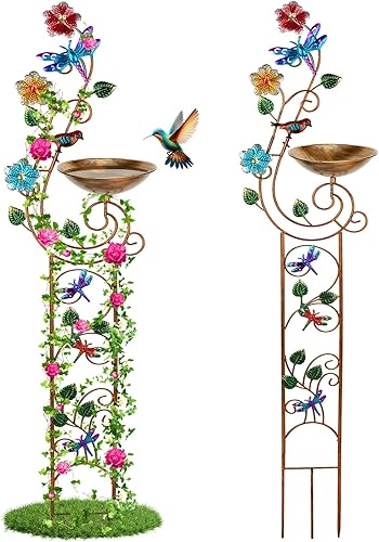 Baño para pájaros de 57 pulgadas con enrejado de jardín para plantas trepadoras al aire libre, baño pequeño de metal decorativo para pájaros