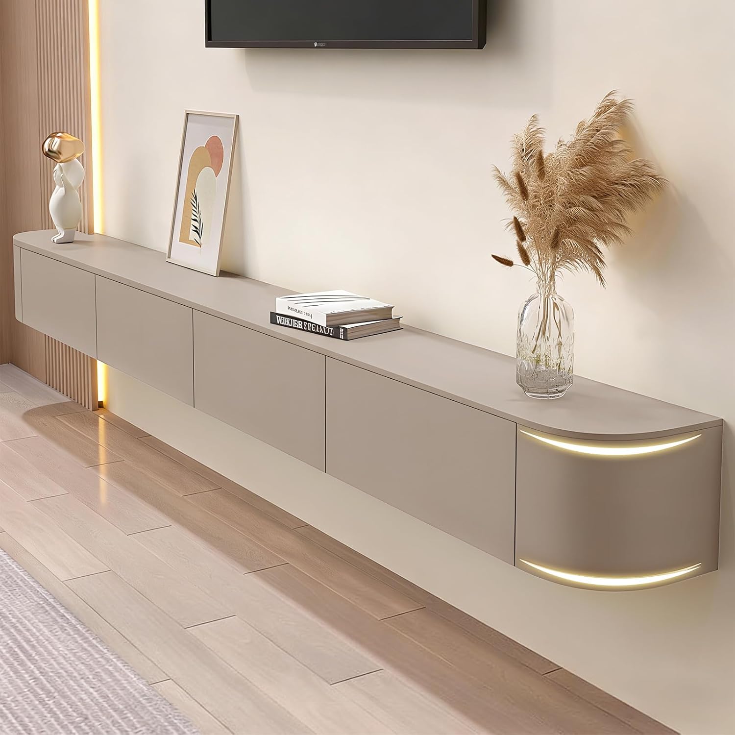 47.2" Floating TV Stand Fully Assembled, Wall Mounted Entertainment Center Media Console Cabinet with Curved Edge, Floating TV Console Table with Storage Drawers & Door, for Living Room TVs