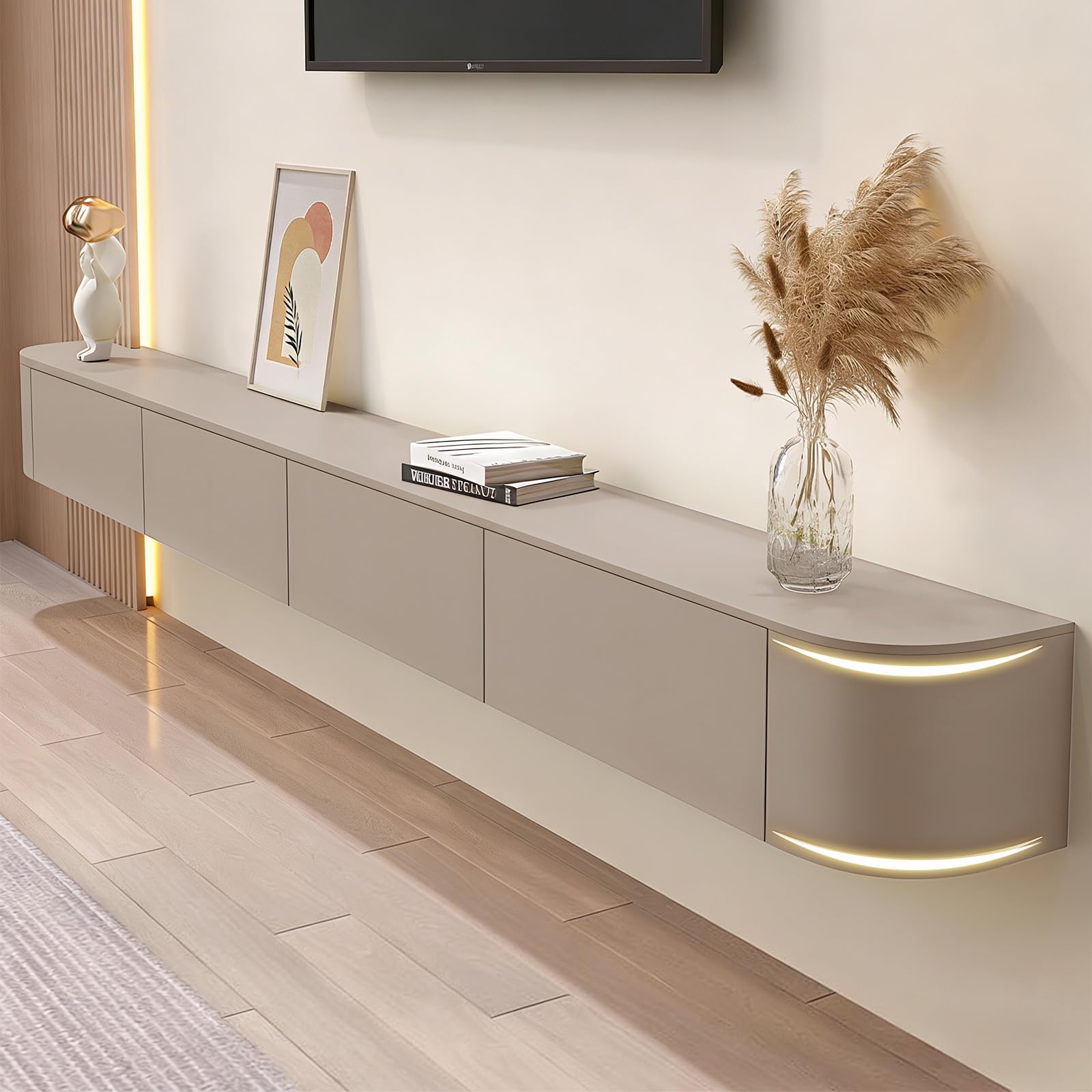 102.3" Floating TV Stand Fully Assembled, Wall Mounted Entertainment Center Media Console Cabinet with Curved Edge, Floating TV Console Table with Storage Drawers & Door, for Living Room TVs