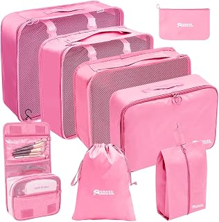 GRASS BROOK 8 Set Packing Cubes for Travel Essentials With Hanging Toiletry Bag for Women, Lightweight Suitcase Organizer Bags with Mackup bag, Carry On Luggage Accessories (Pink)