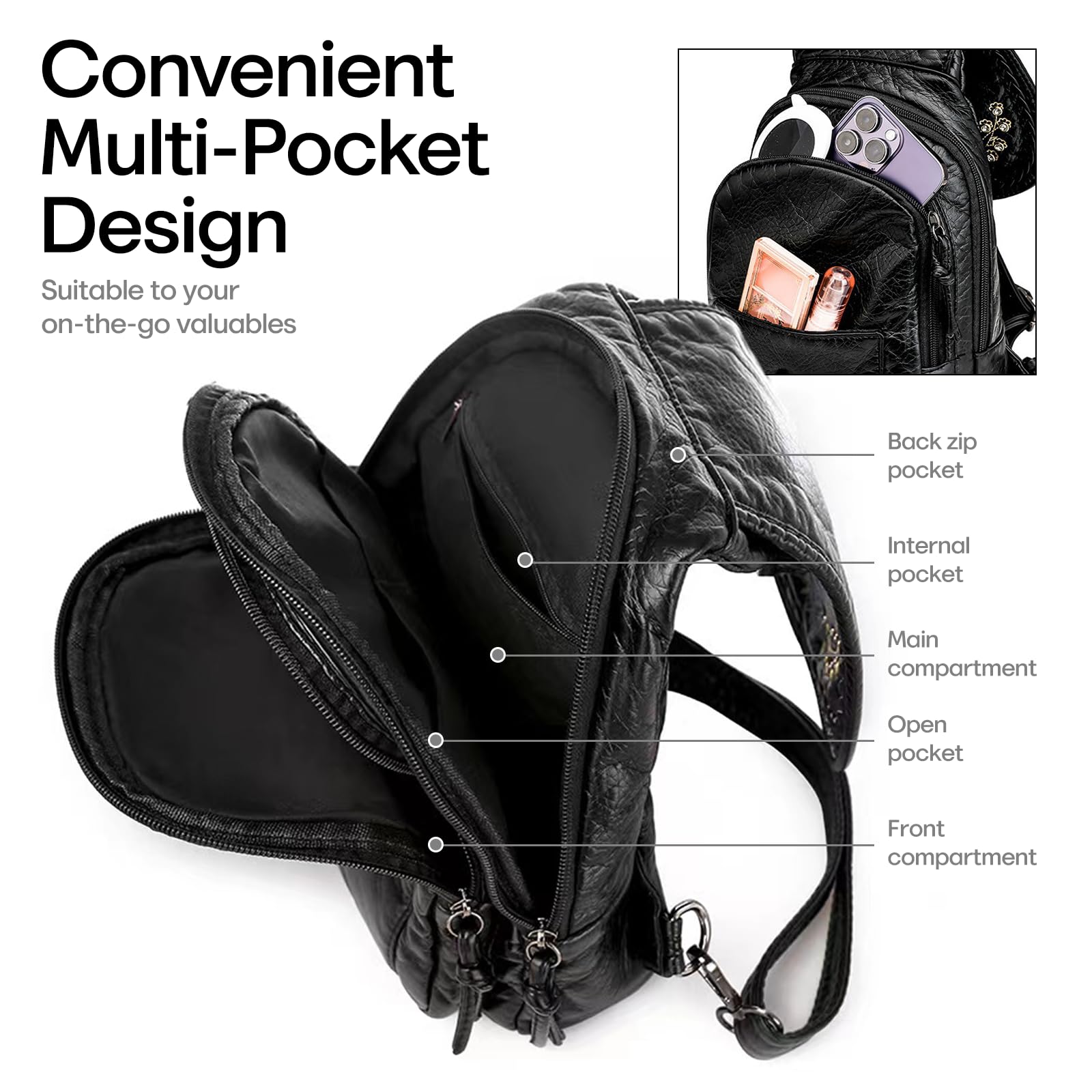 Petit sac à dos pour femme en cuir PU convertible pour Petit sac à dos étanche Sac à main voyage Sac à dos de randonnée avec plusieurs poches Compartiments spacieux (noir)