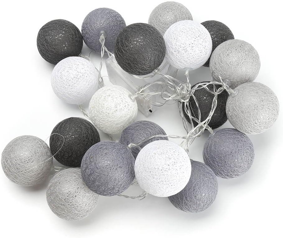 HongG String Lights 3 Meters 20 LED Cotton Ball Battery Powered Globe Fairy Lantern Lights for Patio, Gardens, Bedroom, Wedding, Party (Grey)