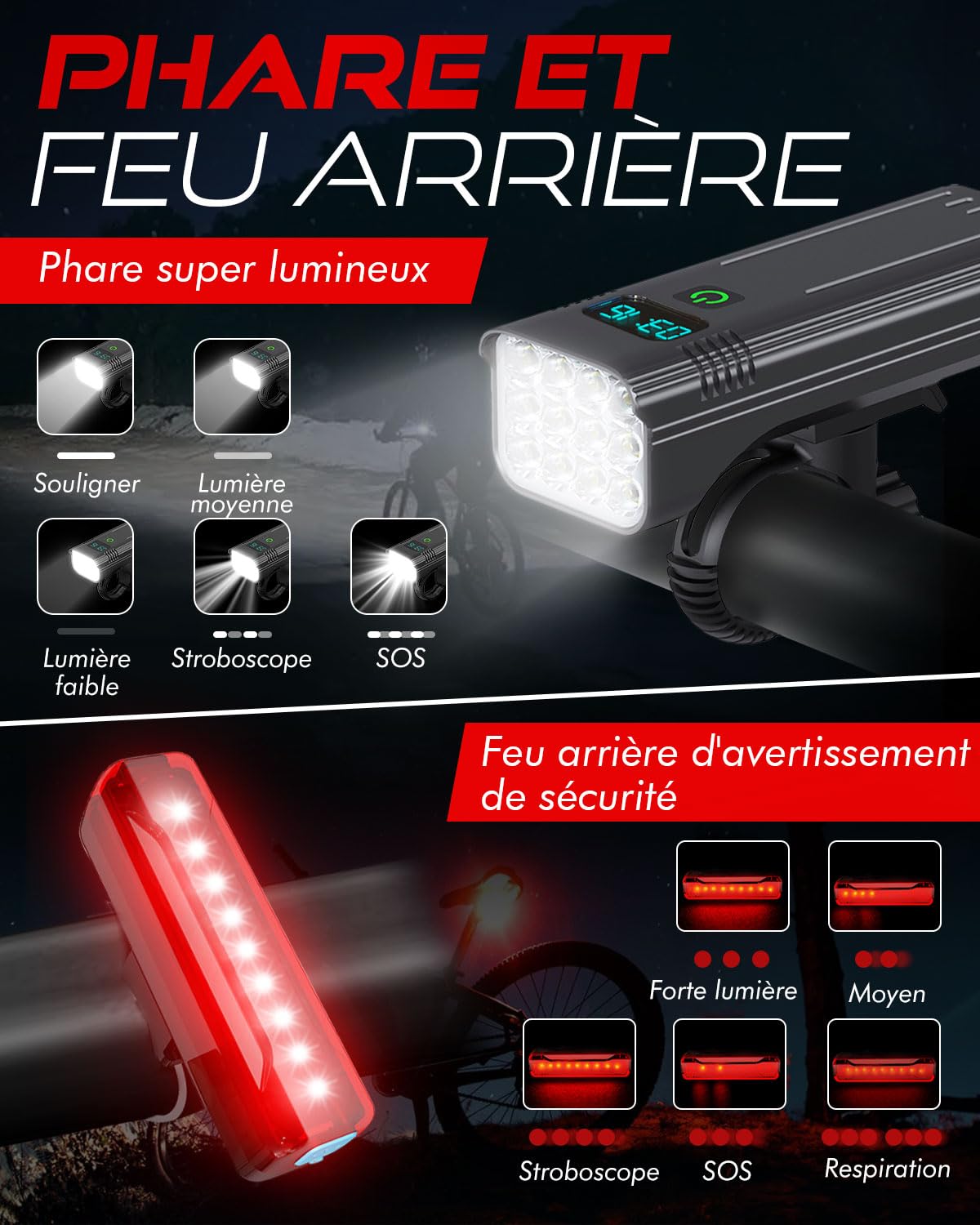 Lumiere velo avant et arriere rechargeable USB IP66 étanche à l'eau et