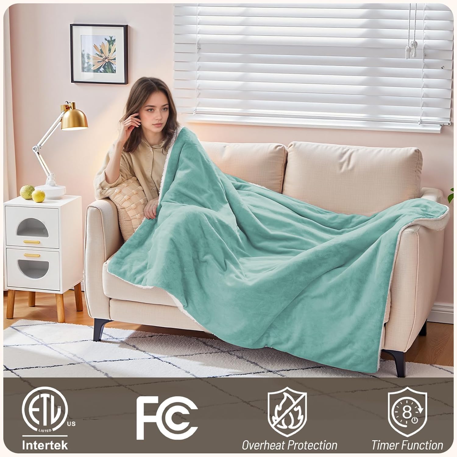 Heated Blanket 72"x84" Full Size, Dual-Sided with Soft Flannel & Sherpa Fabric, Electric Blanket with 9 Heating Levels & 2-10 Hours Auto Off, Machine Washable, Green - Image 3