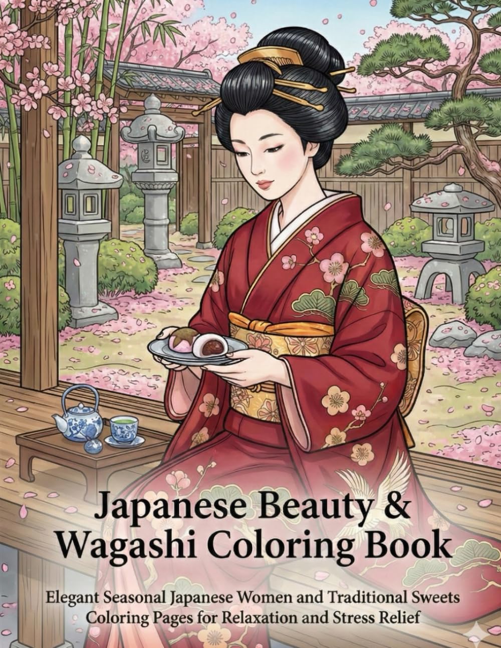 Japanese Beauty & Wagashi Coloring Book: Elegant Seasonal Japanese Women and Traditional Sweets Coloring Pages for Relaxation and Stress Relief