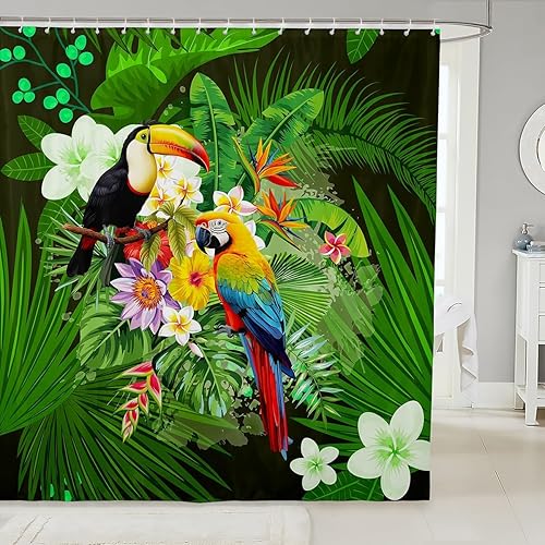 Toucan - Cortina de ducha para tinas, 72 pulgadas de ancho x 72 pulgadas de largo, cortinas de ducha de tela de loro, cortina de baño tropical con