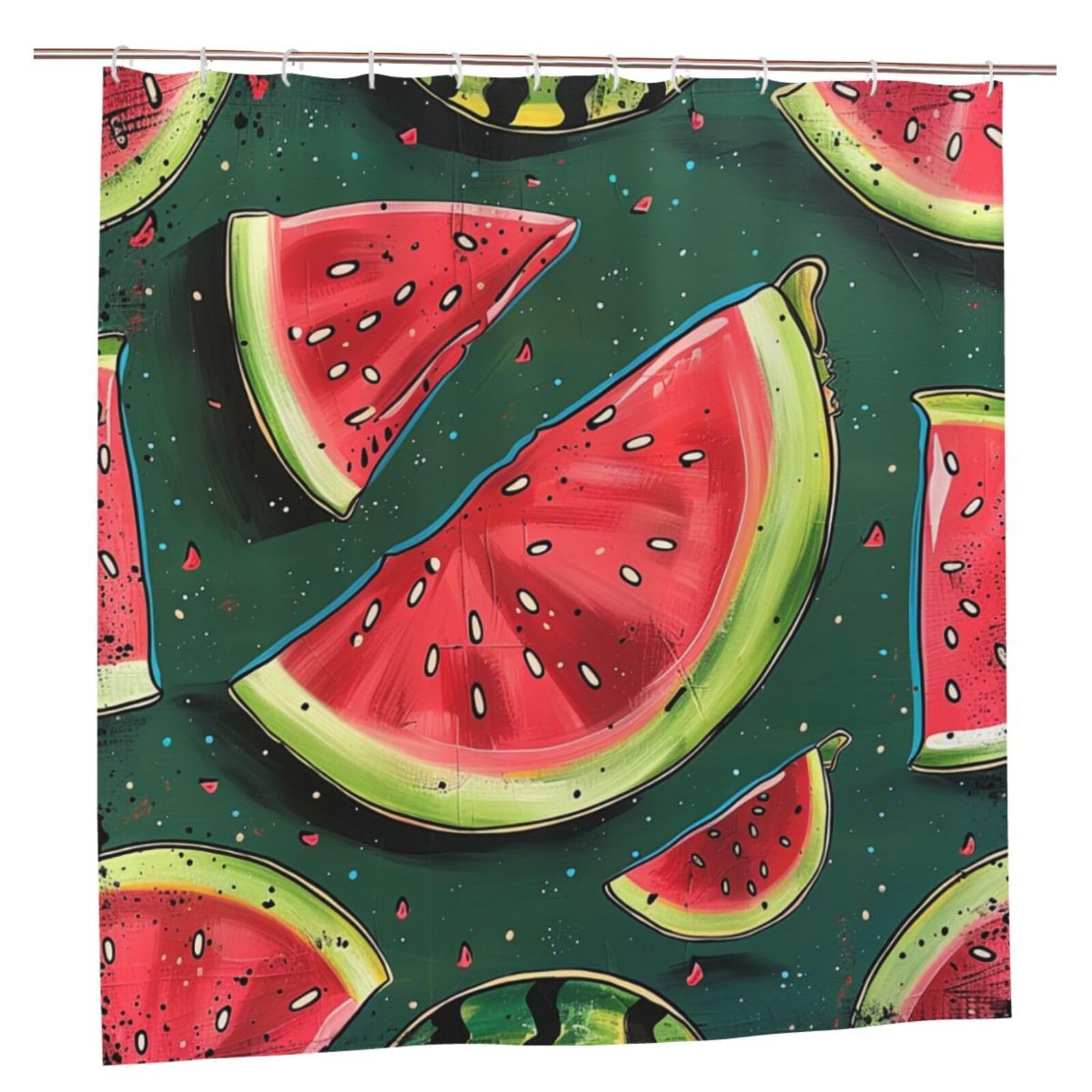 BWWHCCTI Watermelon Printed Shower Curtain With 12 Plastic Hooks Opaque Quick Drying Waterproof Shower Curtains Sets For Bathroom 183x183 CM