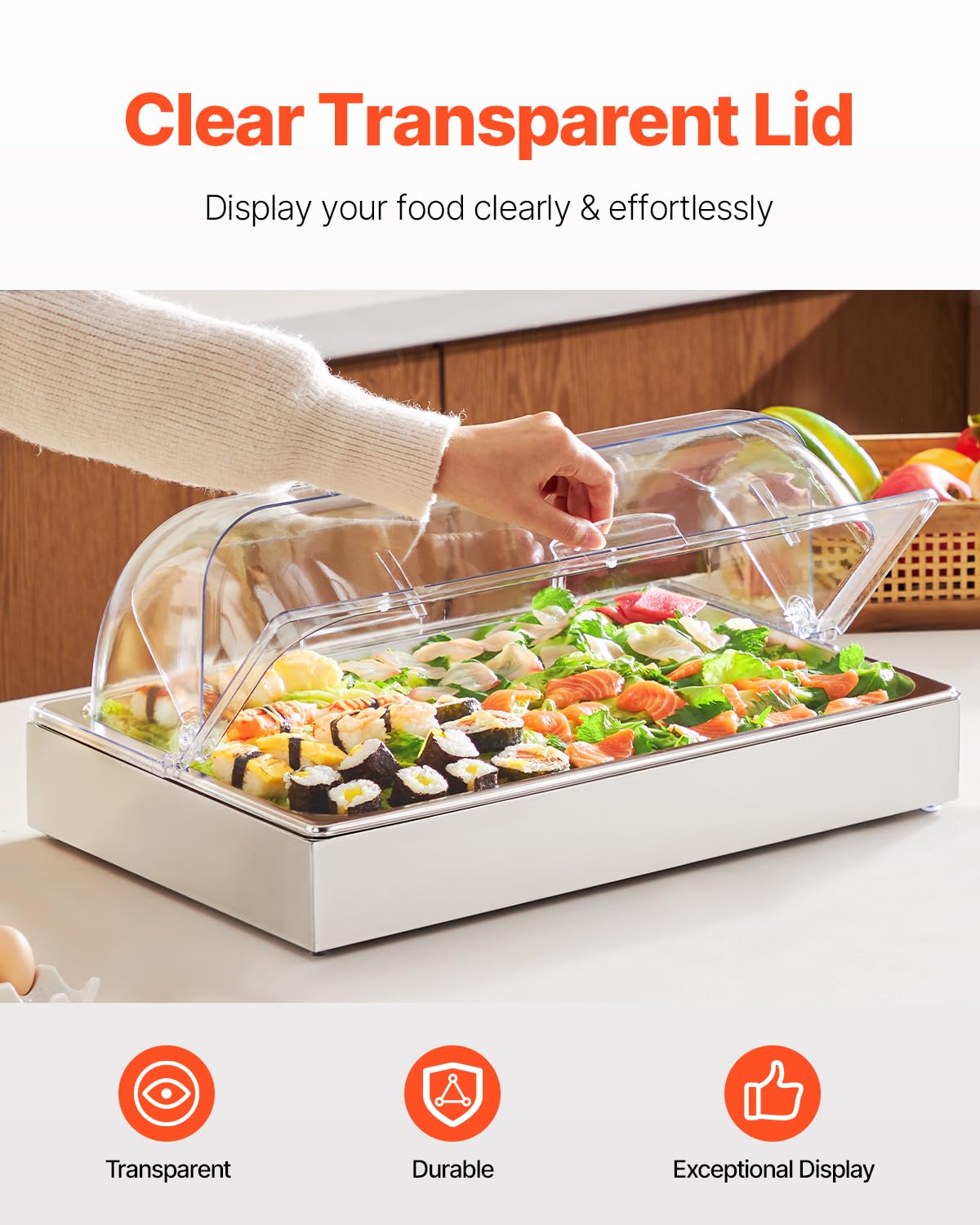 VEVOR Servierbehälter Buffet-Behälter Gastronormbehälter aus Edelstahl (1 Behälter), Präsentationsständer mit transparentem Deckel & 3 Eiswürfelschalen für Restaurant Hotel Küche