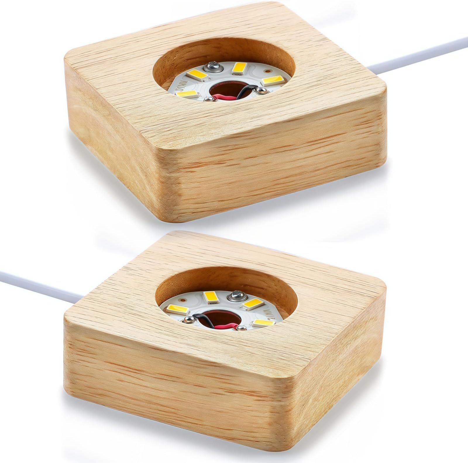 2 Pack LED Lights Display Base Wooden Desktop Lighted Base USB Crystal Sphere Square Holder Display Stand for 3D Crystal Glass Resin Art (Warm White Light)