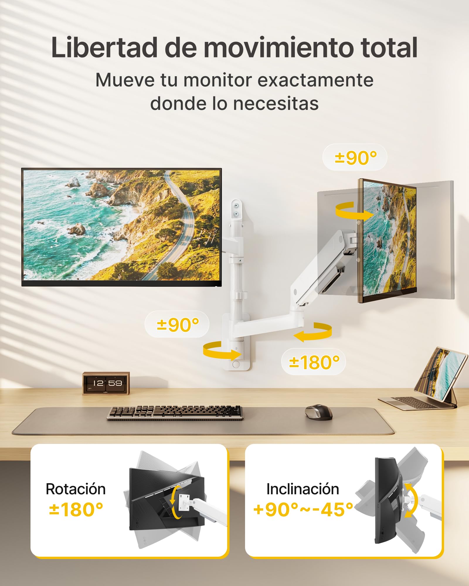 monTEK Soporte de pared para monitor dual para monitores de 17 a 35 pulgadas, carga máxima de 16 kg, brazo de monitor compatible con pantalla plana y curva, soporte de pared articulado para TV