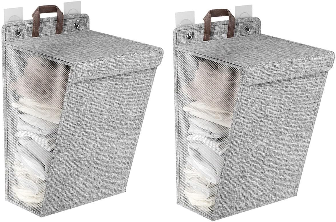2 Pack Collapsible Laundry Hamper with Lid, Wall Hanging Laundry Bag with Sticky Hook, Storage Basket for Clothe and Toy, Laundry Hamper Great for RV LaundryRoom Dormitory Bathroom Bedroom Camper-Grey