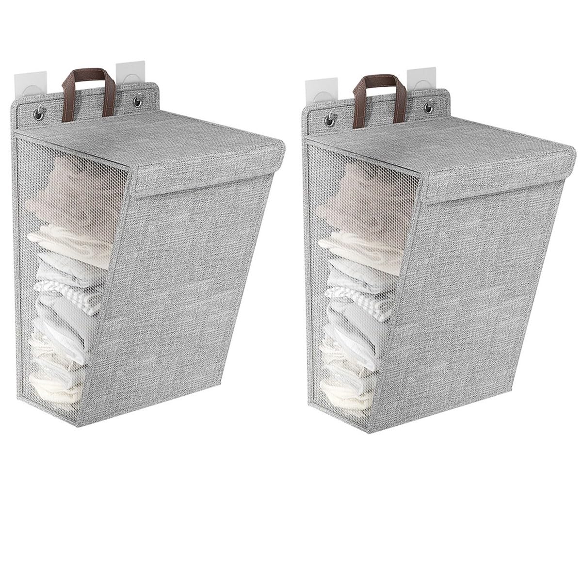 2 Pack Collapsible Laundry Hamper with Lid, Wall Hanging Laundry Bag with Sticky Hook, Storage Basket for Clothe and Toy, Laundry Hamper Great for RV LaundryRoom Dormitory Bathroom Bedroom Camper-Grey