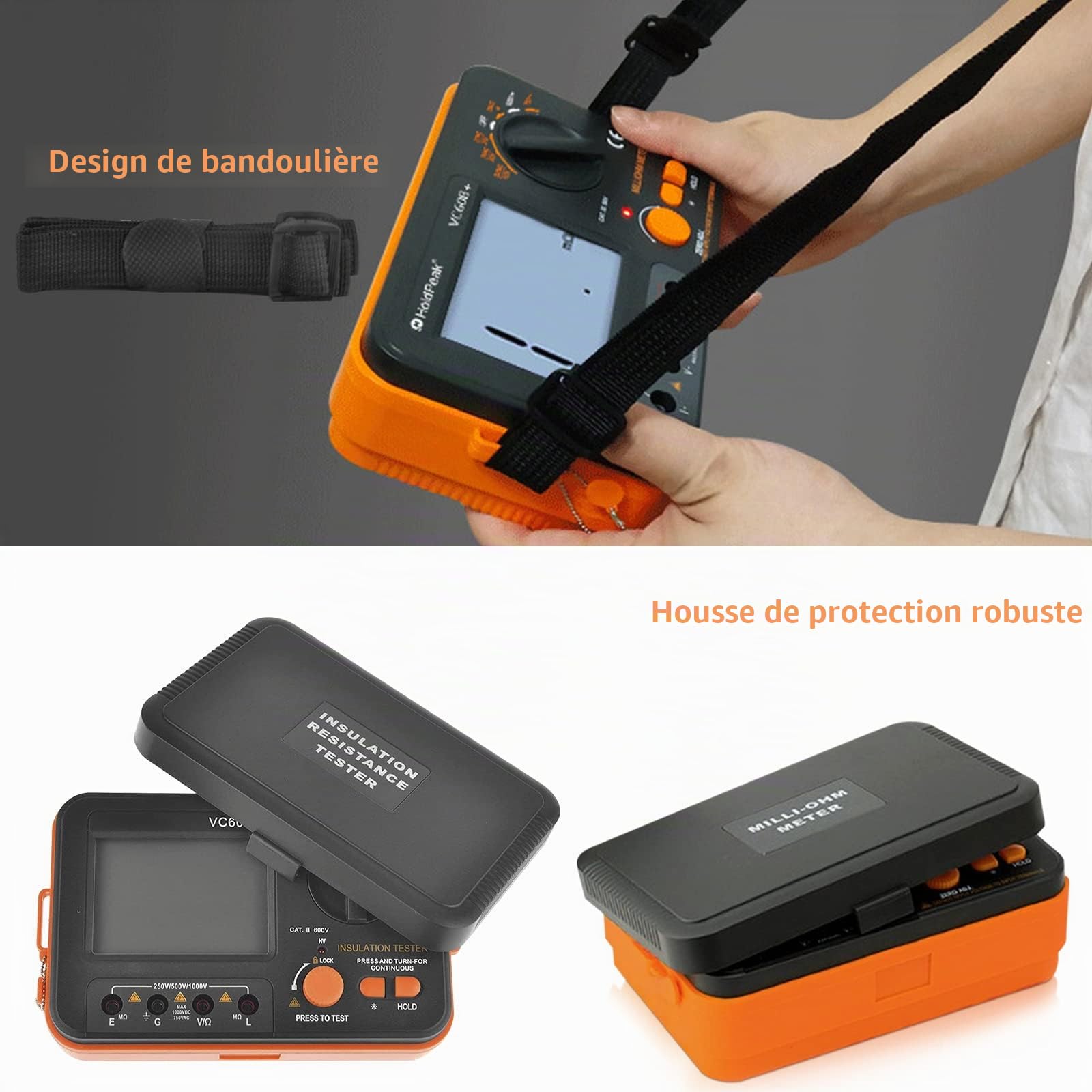 Testeur de Résistance D'isolement, LCD Numérique Megohmmeter Résistance D'isolement 2000MΩ, MegOhmmeter 1999 Counts DC/AC Voltmeter, Tension de Test 250V/500V/1000V, Indication de Haute Tension