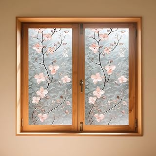 IVN Privacy Window Film Stained Glass Window Cling Pink Blossom Design Decorative Static Cling Glass Film for Bathroom Kitchen Door Panel 17.7 x 39.3 Inch