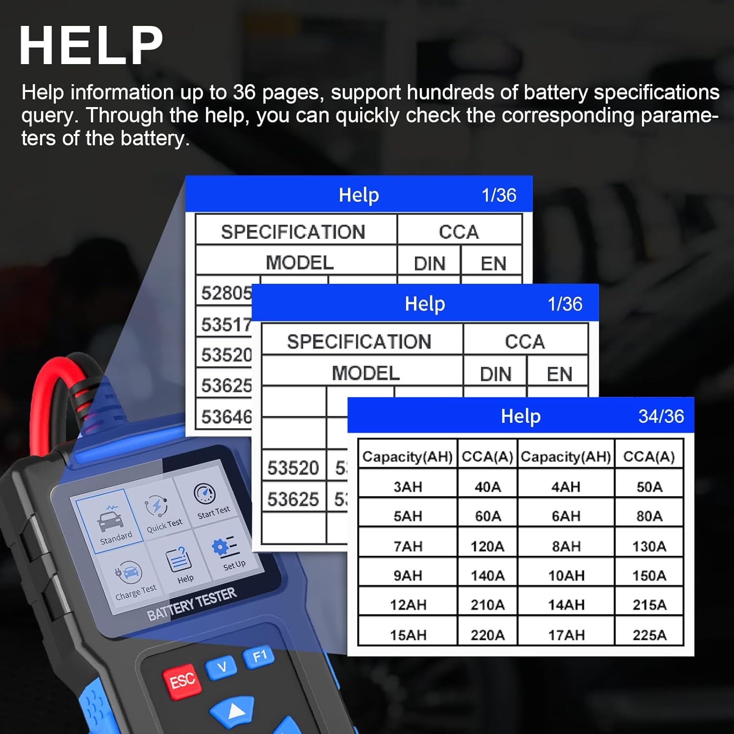 Screenshots of the BT300's help menu, showing tables with battery specifications like Capacity (AH) and CCA(A).