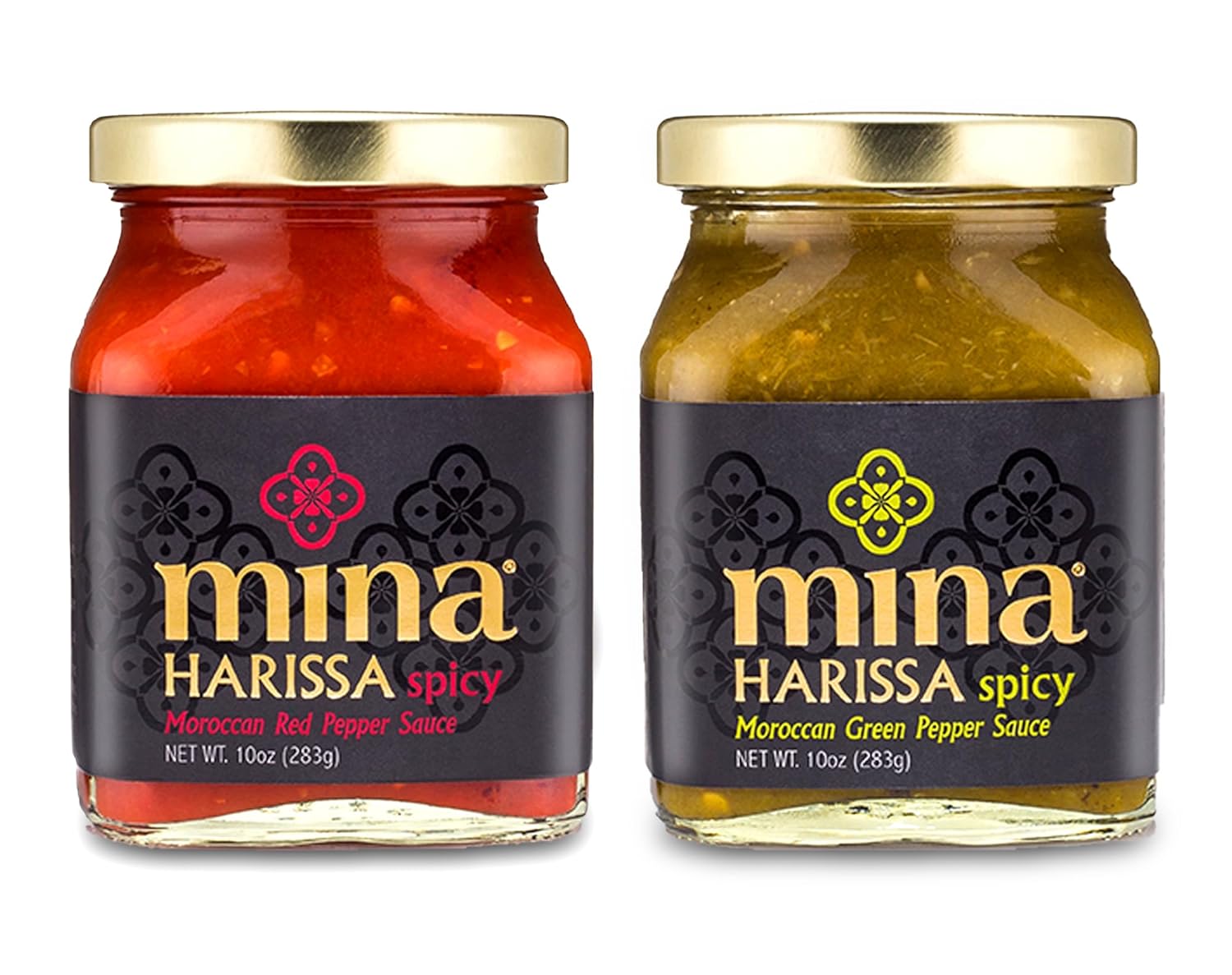 Mina Harissa Sauce Duo, Red Harissa Hot Sauce (10 oz) & Green Harissa Hot Sauce (10 oz), Authentic Moroccan Spicy Chili Pastes, Excite Your Senses with Mina's Harissa Seasoning