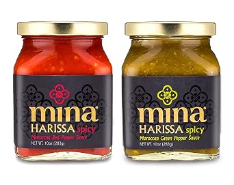 Mina Harissa Sauce Duo, Red Harissa Hot Sauce 10 oz & Green Harissa Hot Sauce 10 oz, Authentic Moroccan Spicy Chili Pastes, Excite Your Senses with Minas Harissa Seasoning