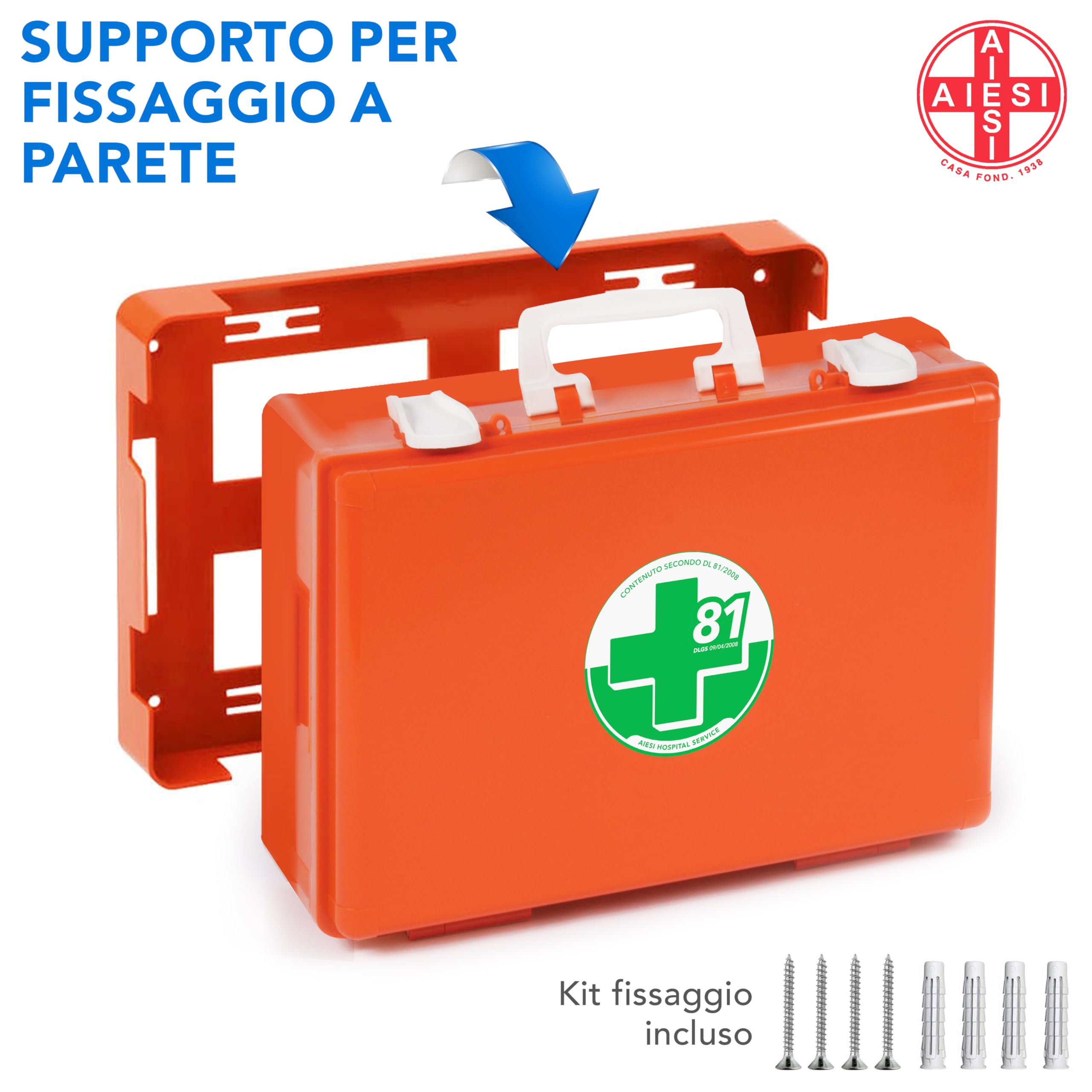 AIESI® Cassetta medica di pronto soccorso ALLEGATO 1 CON SFIGMOMANOMETRO per aziende più 3 dipendenti, Cartello segnaletico in alluminio, Conforme DM388/DL81, Made in Italy