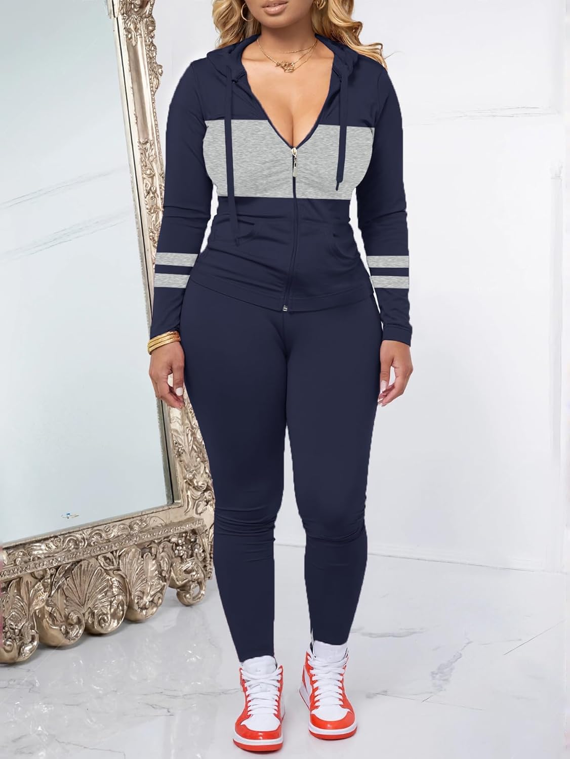 AUXDIO Women 2 Piece Outfits Color Block Casual Workout Sets Bodycon Tracksuit Zip Up Long Sleeve Hoodle Jacket Jogger Set - Image 2