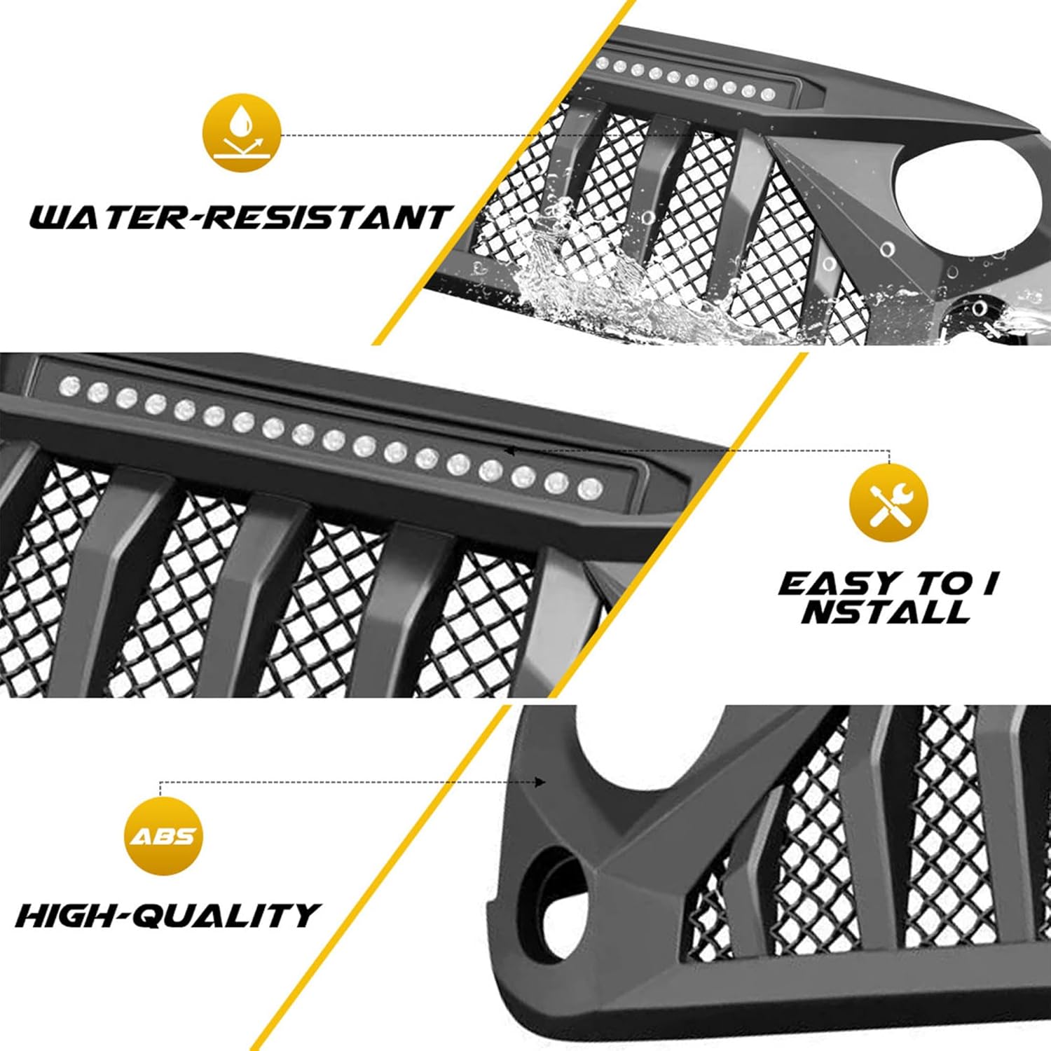 AMERICAN MODIFIED Front Grille Cover w/Off-Road Lights Compatible with Jeep Wrangler 2007 to 2018, JK/JKU, Rubicon, & Sahara Sport, Matte Black
