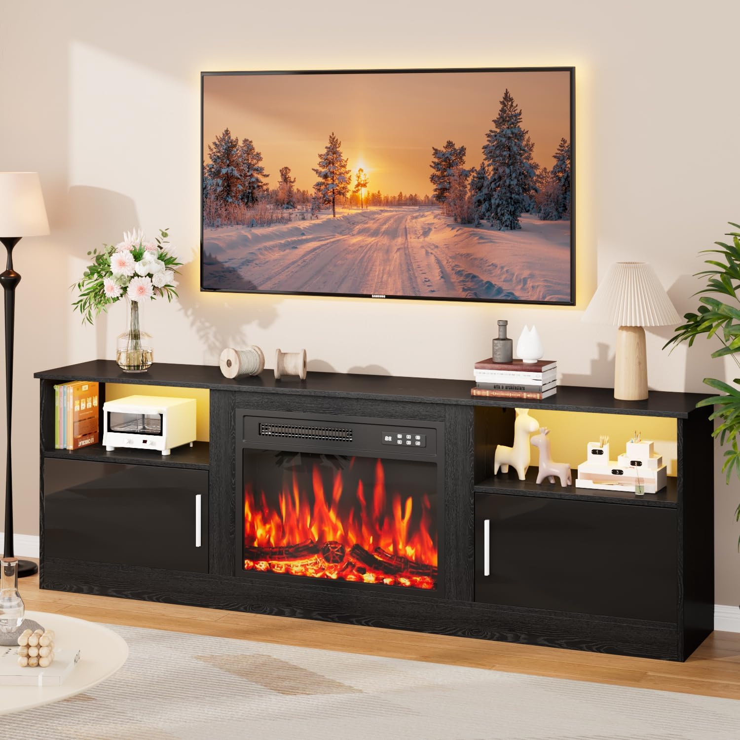 Fireplace TV Stand with 23\" Electric Fireplace Heater Up to 80\" TVs, 70\" LED Entertainment Center, Modern Wood High Gloss with Highlight Storage Cabinet for Living Room