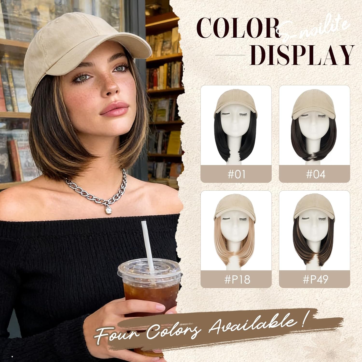 S-noilite Hat Wigs for Women Baseball Cap with Synthetic Hair Extensions Adjustable Beige Hats with Short Straight Hair Attached for Women Daily Wear Golden Brown mix Bleach Blonde Wig（6Inch）
