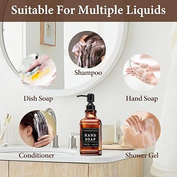 Pollock 2 Pcs 500ml Glass Soap Dispenser with 304 Stainless Steel Pump, Rustproof, Hand and Dish Soap Dispenser, with Waterproof Labels and Tray, for Bathroom, Kitchen, Countertop, Laundry Room, Brown